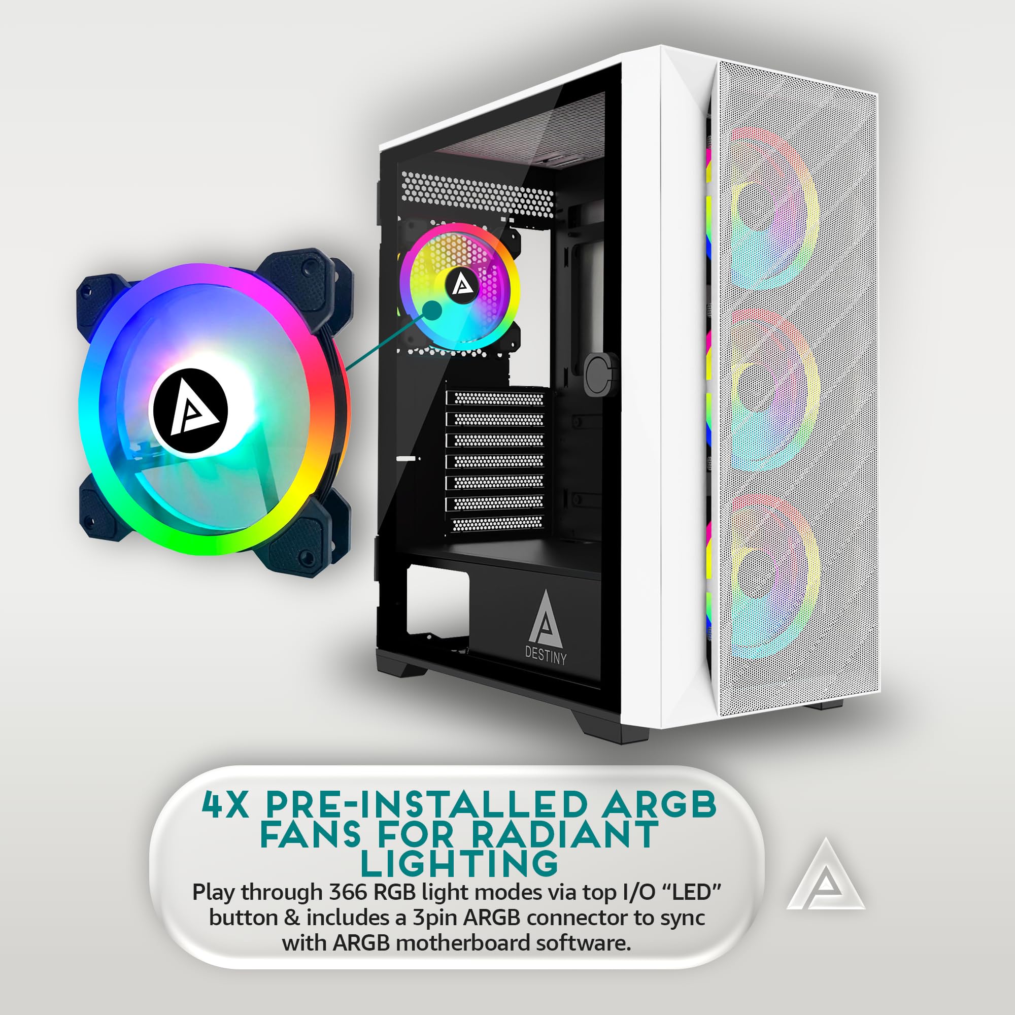 Apevia Destiny-MESH-PK Destiny Mesh Mid Tower Gaming PC Case w/ 4X 120mm ARGB Fans, 366 RGB Light Modes, 1x Metal Mesh Front Panel, 1x Door Swivel Style Magnetic Glass Side Panel, 2X USB3.0, Pink