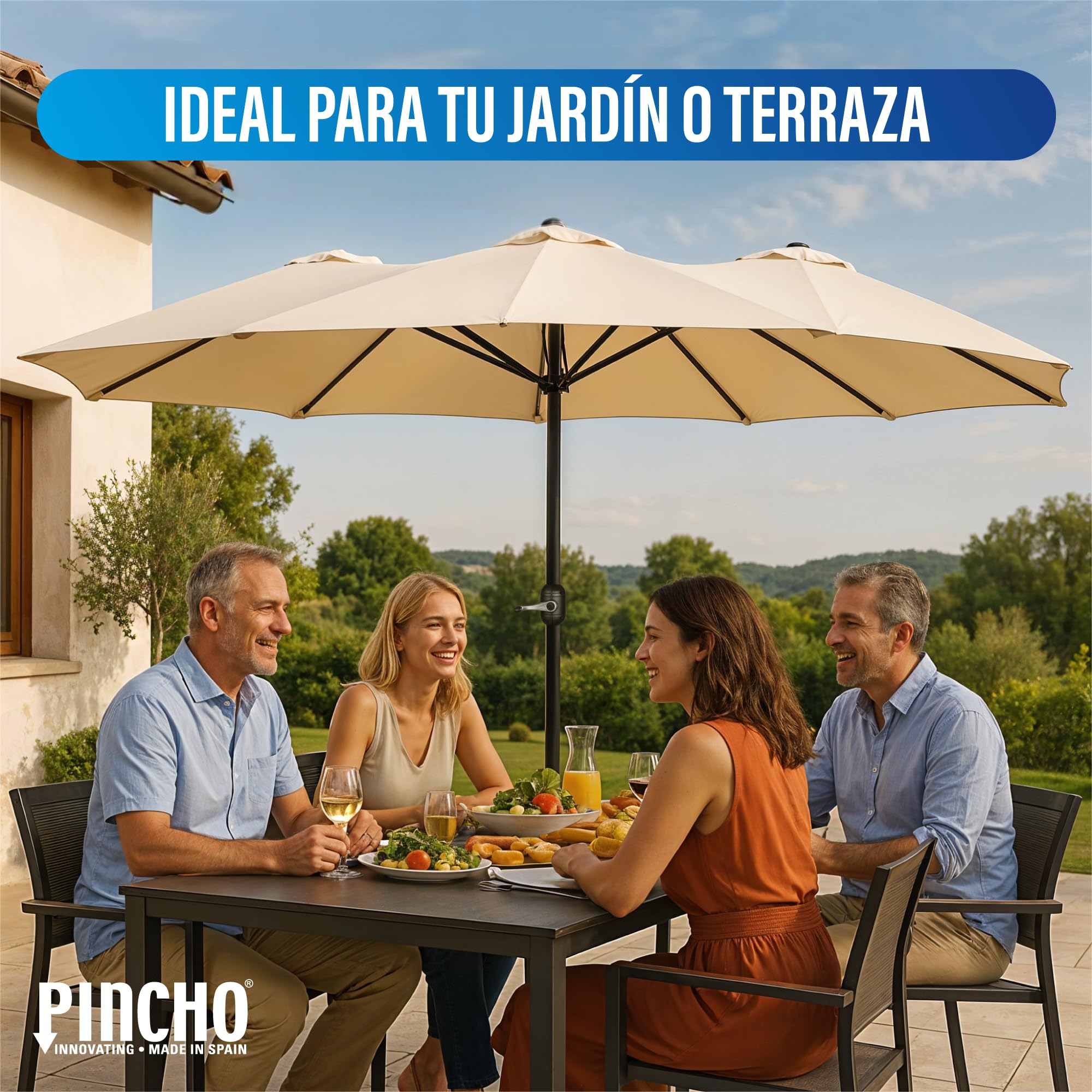 Pincho Sombrilla Parasol Doble para Jardín 4,60x2,70x2,38 m Sombrilla Gigante Anti UV con Manivela para Exterior Patio Terraza Piscina Color Beige