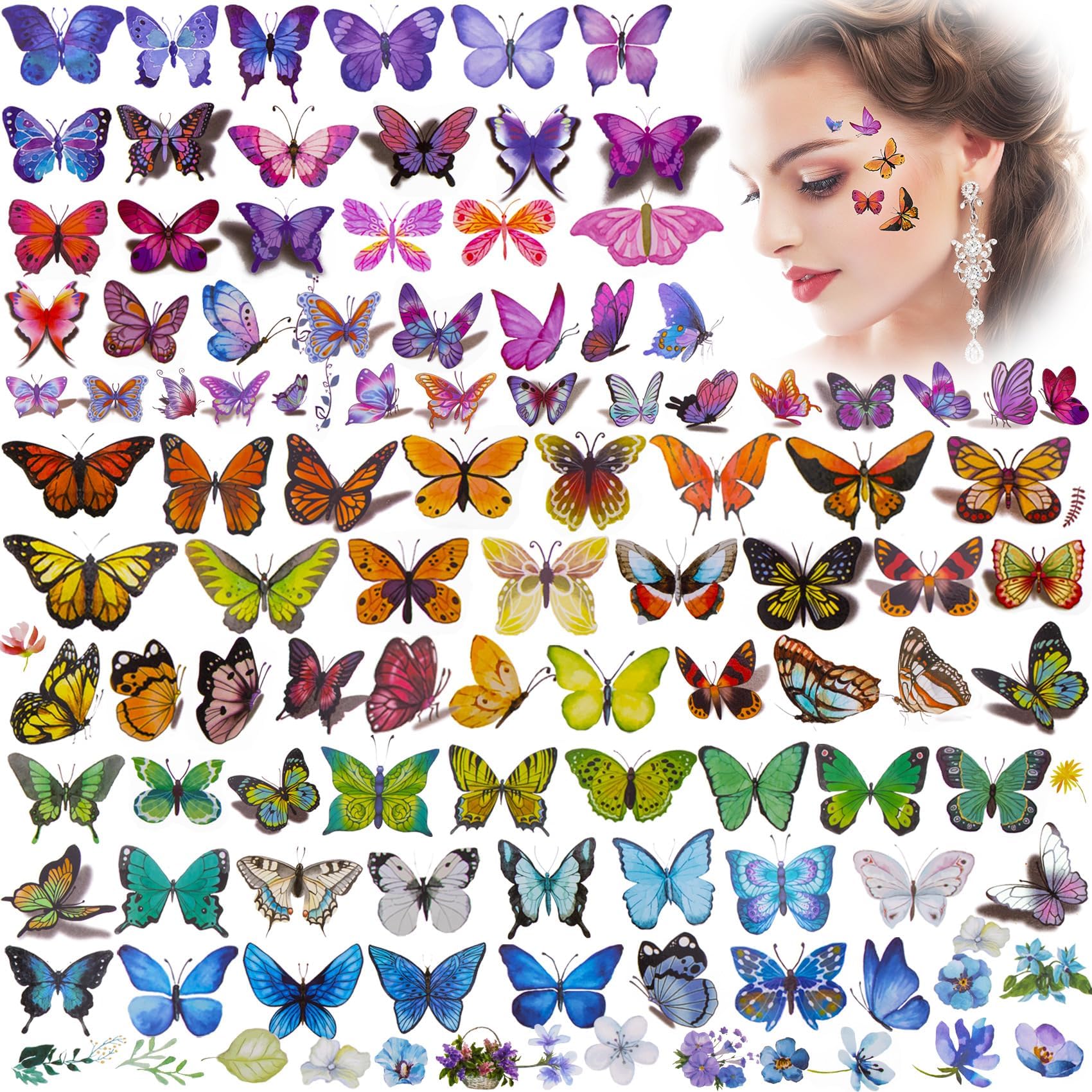 40Sheet(280+pcs) Temporary Butterfly Tattoo for Girl Kid Women Self adhesive Fairy Flower Waterproof Fake Colorful Art Face Arm Body for Birthday Party Valentines Favor Goodie Bag Stuffer Filler