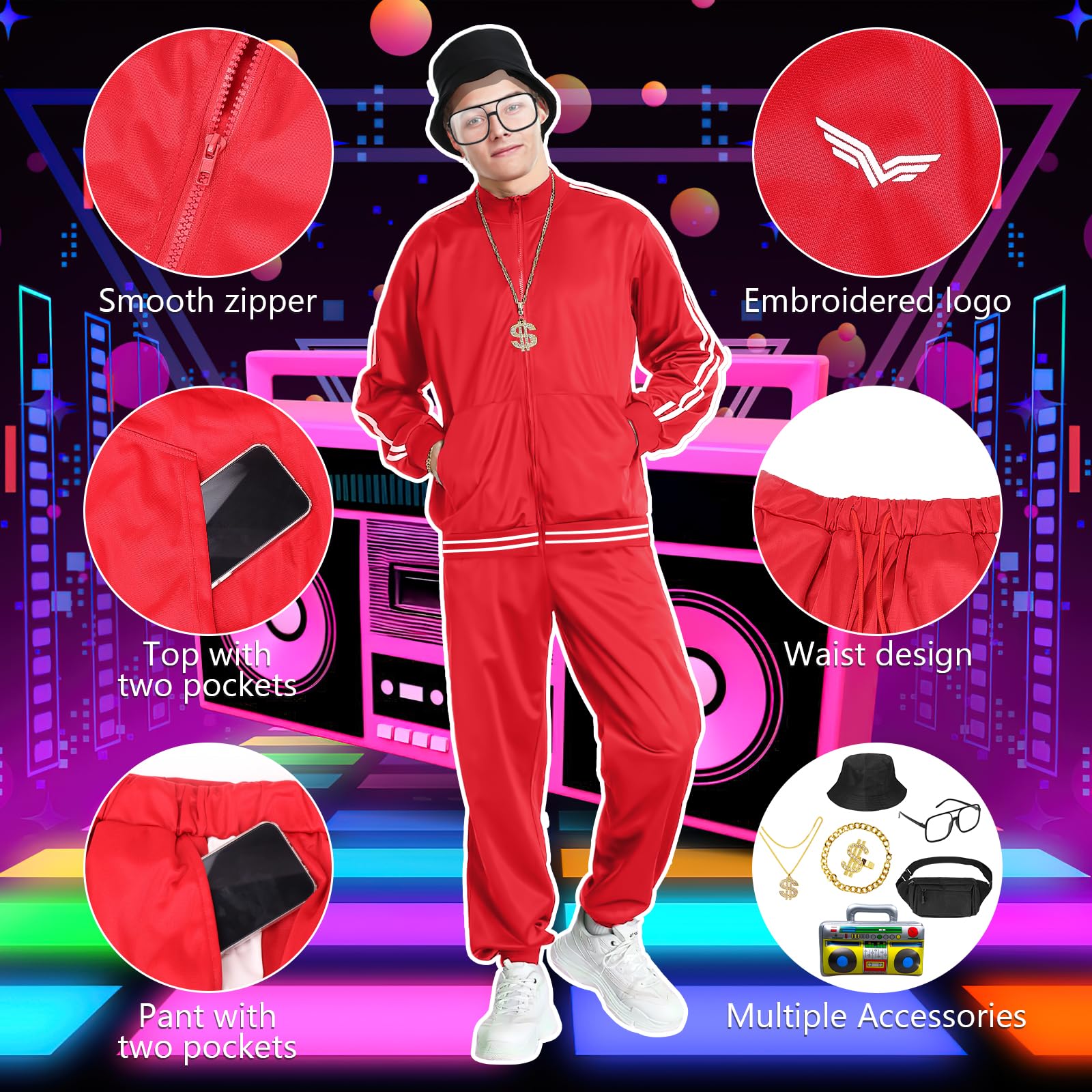 9 Pcs 80s Tracksuit for Men Halloween Costumes Retro Windbreaker Outfit 90s Mens Track Suits Sportswear for Halloween Carnival Party Disco Party Costumes (Red - Image 4