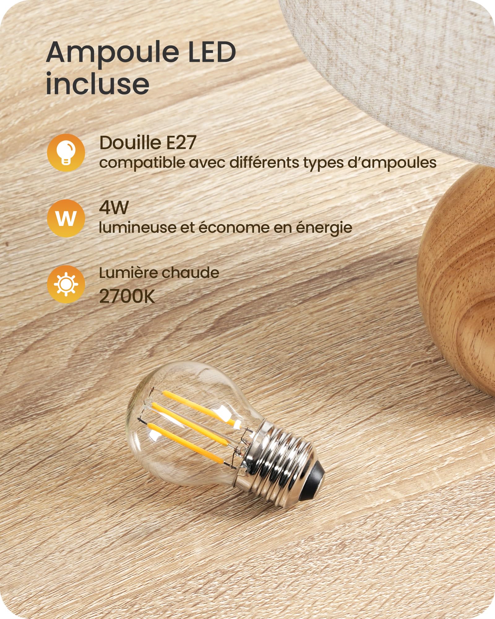 Lampe de Chevet, Petite Lampe de Table en Bois et Abat-jour en Lin, Lampe à Poser avec Câble, Douille E27, 1 Ampoule LED 2700K Inclus, pour Salon, Chambre, Beige et Bois ZME09TLD05N1