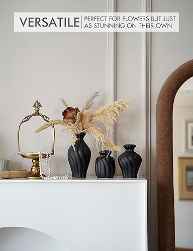 Miniatura 3 de Juego de jarrones de cerámica irregulares negros, 3 jarrones pequeños para decoración, jarrones para flores, jarrón decorativo para hierba de las