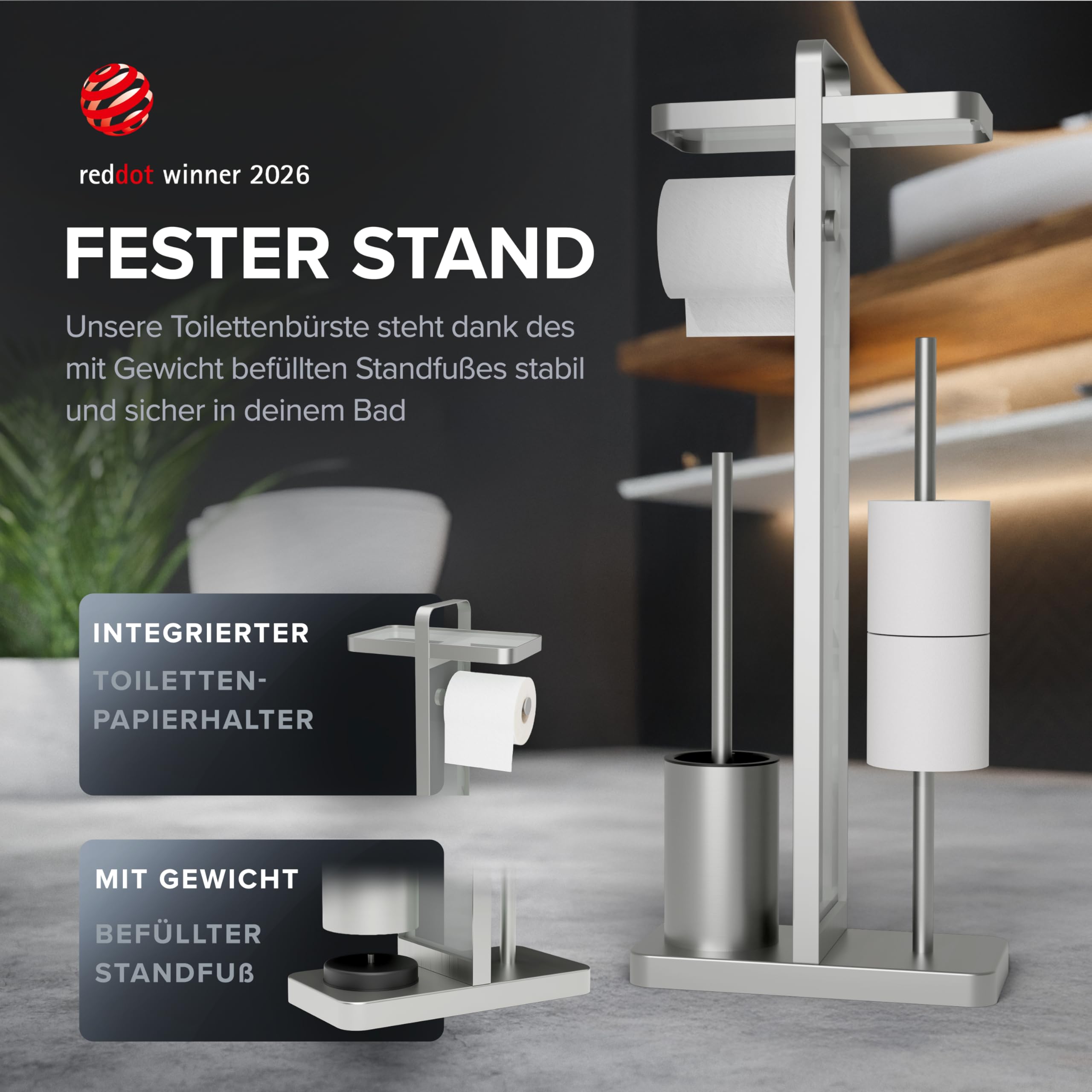 ovimar 4-in-1 Stand WC-Garnitur Tuapaat in Silber | WC Bürstengarnitur mit Silikonbürstenkopf, WC Rollenhalter, Ersatzrollenhalter und Smartphone Ablage | platzsparend | Badezimmer Organizer Edelstahl