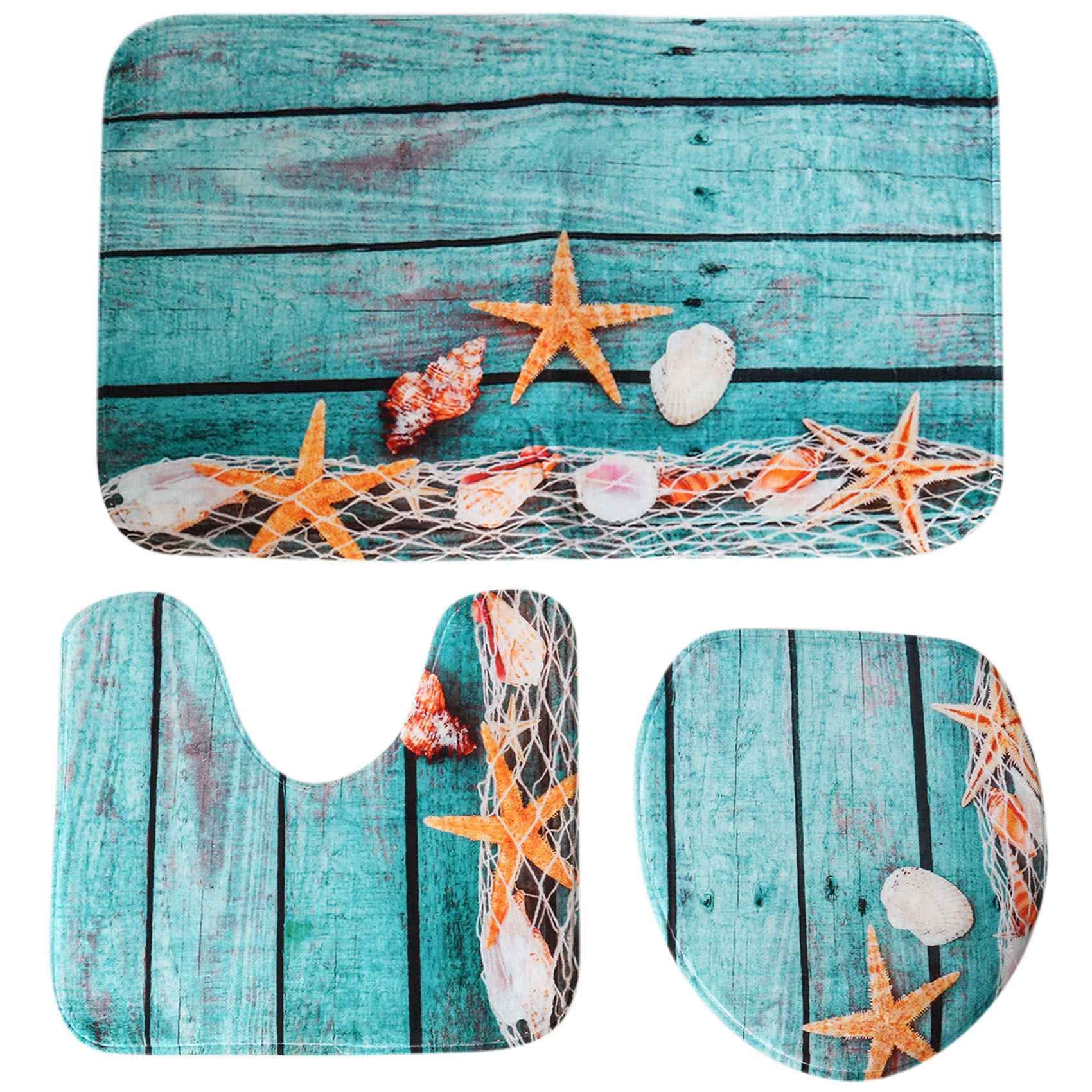 Giilayky Beach Seashells Starfish Sand Bath Mat Holidays Summer Bathroom Carpet Rug Non-Slip 3 Piece Toilet Mat Set Starfish Floor