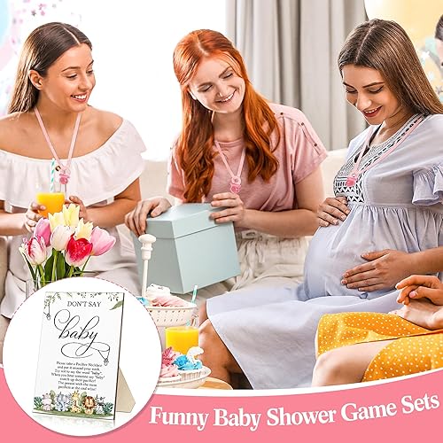 Miniatura 7 de Geetery 51 piezas de letrero de juego con texto en inglés Don't Say Baby Game para baby shower, 50 collares de madera con texto en inglés Don't Say
