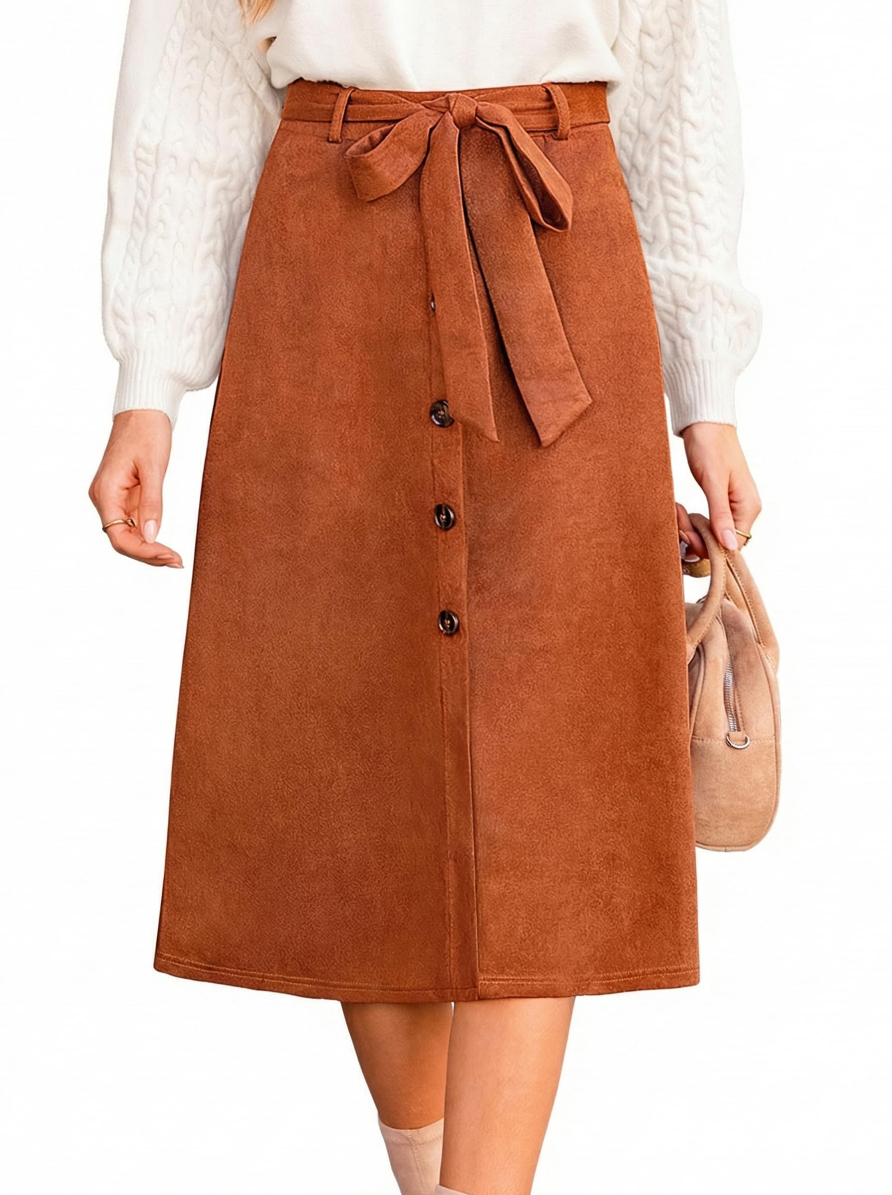 CUPSHE Womens Button Front Midi Skirts Suede A-line Waist Tie Long Skirt Western Casual Vacation
