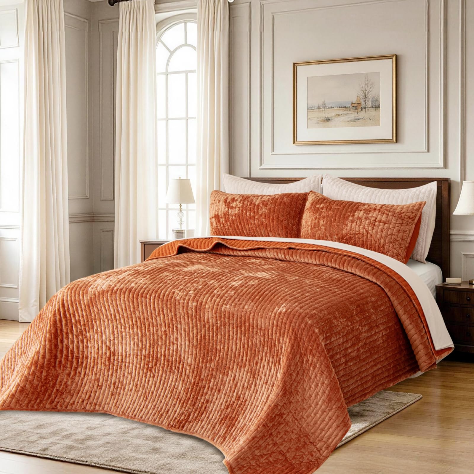 TAOTAOGO Velvet bedspread, 2 Shams, Oversized quilt, Burnt Orange 270x300cm