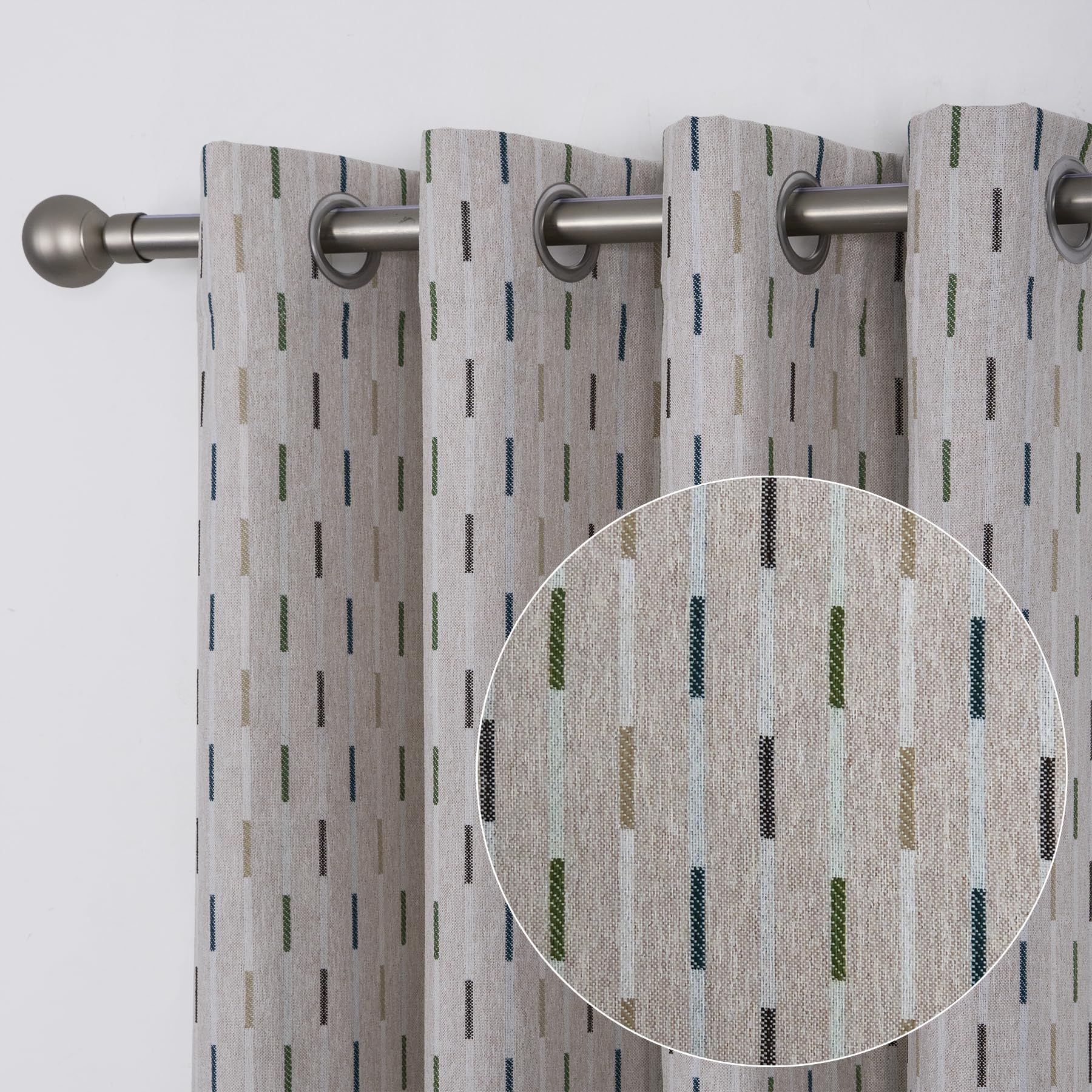 always4uLinen Look Curtains Eyelet Thermal Striped Pattern Window Treatments Lined Noise Reducing Textured Curtain for Living Room Bedroom Decoration 1 Pair Green/Beige 90 * 90 Inches