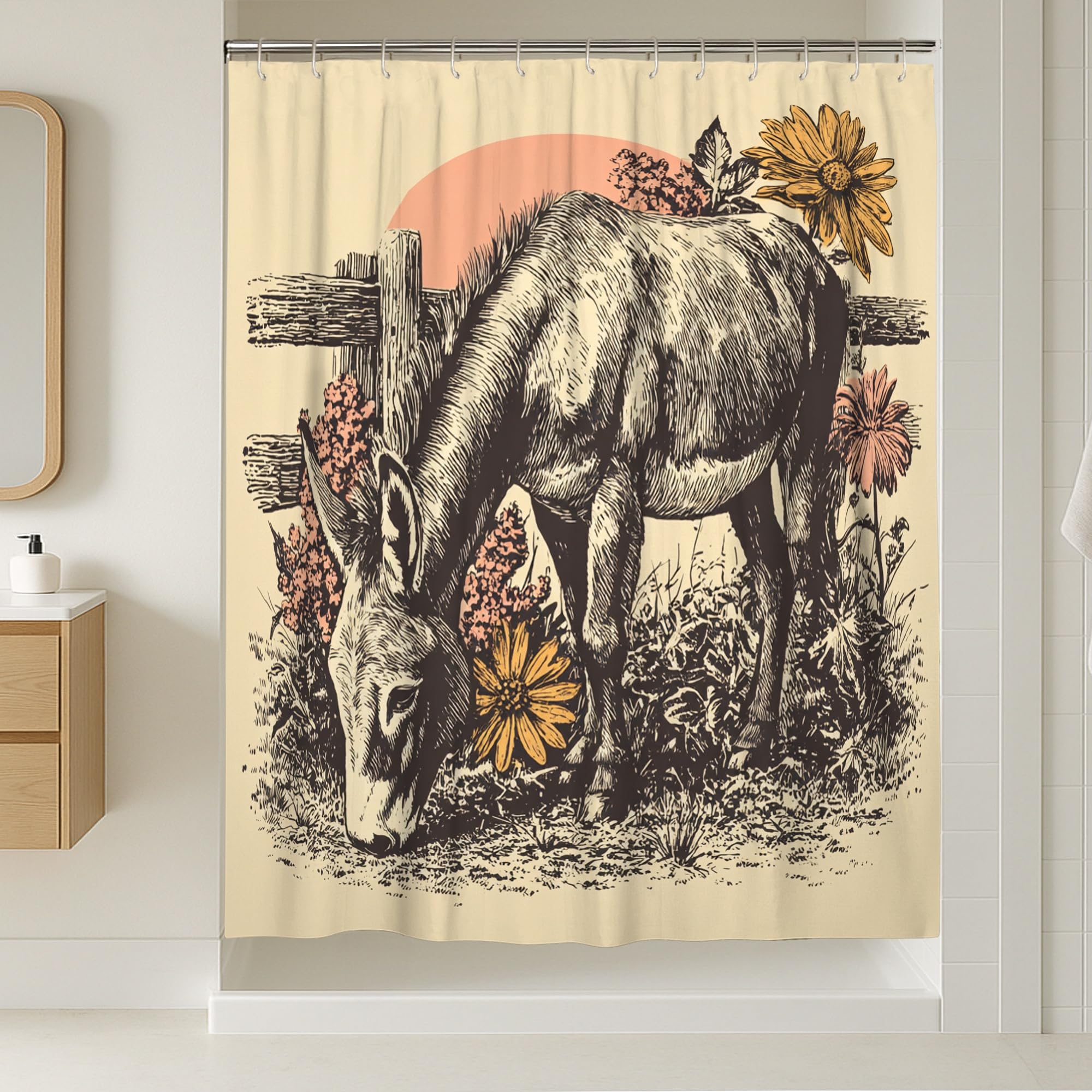 Rideau de douche extra long beige Donkey 183x243 cm en tissu imperméable rustique pour salle de bain