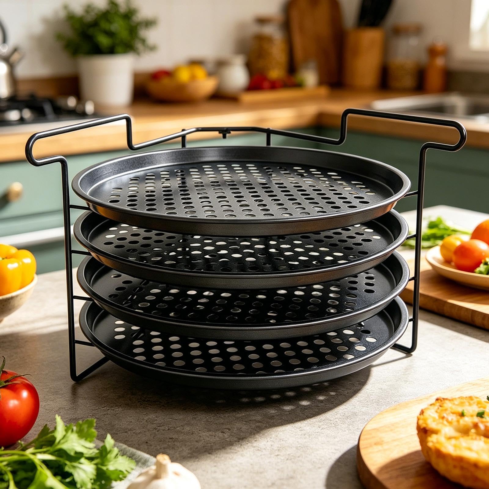Pizza-Backblech-Set Klappbarer, Stabiler Schwerlast-Halter | Pizza-Backrost-Gestell für Zuhause, Küche, Restaurant, Party, Brot und Gebäck, Profis, Bäcker und Anfänger