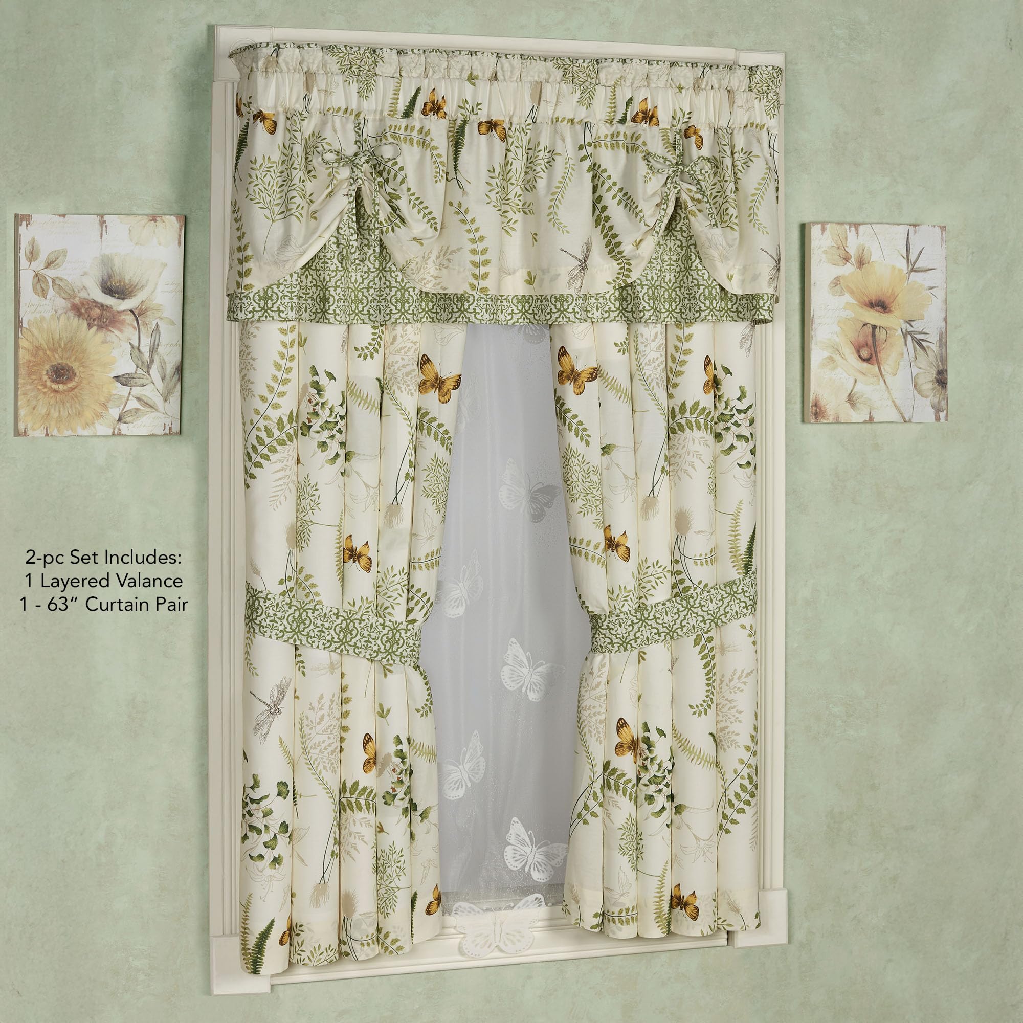 Butterfly Eden Cotton Window Treatment | Rod Pocket | Nature Medallion Butterfly Dragonfly Fern Leaves | Eggshell, Gold Yellow, Green | 2 Piece Set Includes: 63L Curtain Pair and Layered Valance