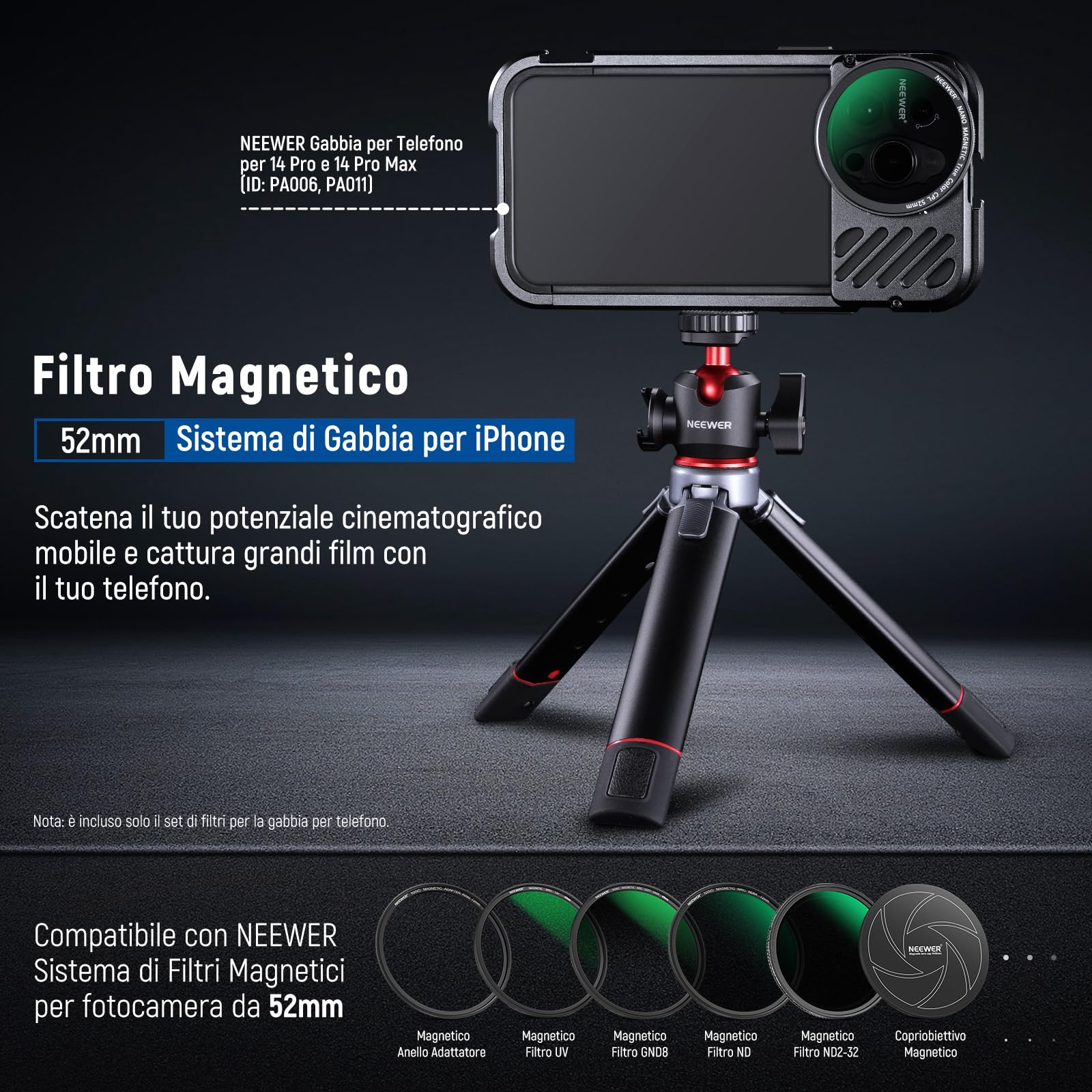 NEEWER 52mm Kit Filtro Magnetico con Anello Adattatore/Stella a 4 Punte/True Color CPL/Black Diffusion 1/4 Compatibile con SmallRig NEEWER Gabbia per Telefono con Attacco M per iPhone 14 13 12 serie