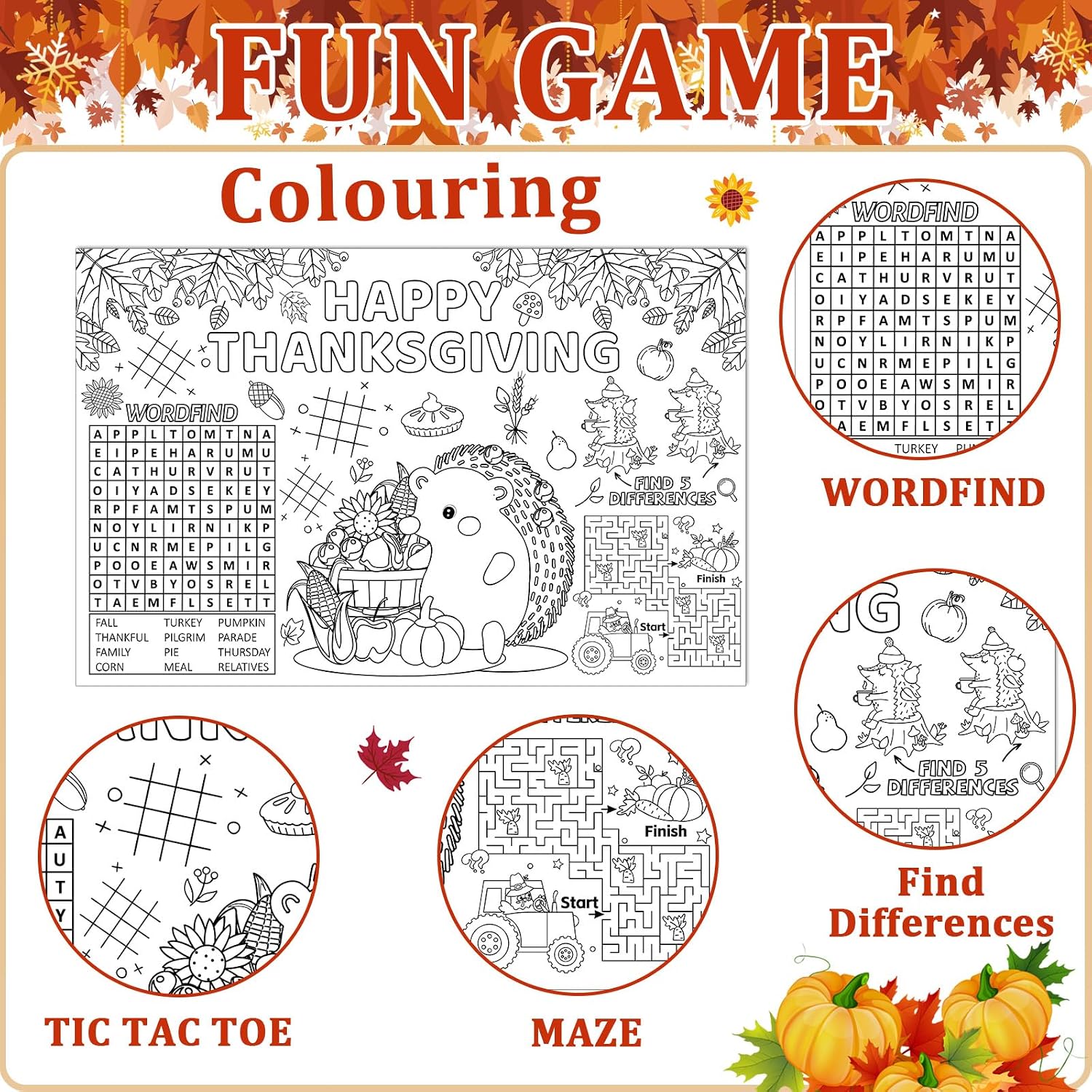 24 Pcs Thanksgiving Day Placemats Thanksgiving Coloring Paper Table Mats Disposable Coloring Activity Place Mats Fall Harvest Table Decoration for Autumn Party Home Supplies
