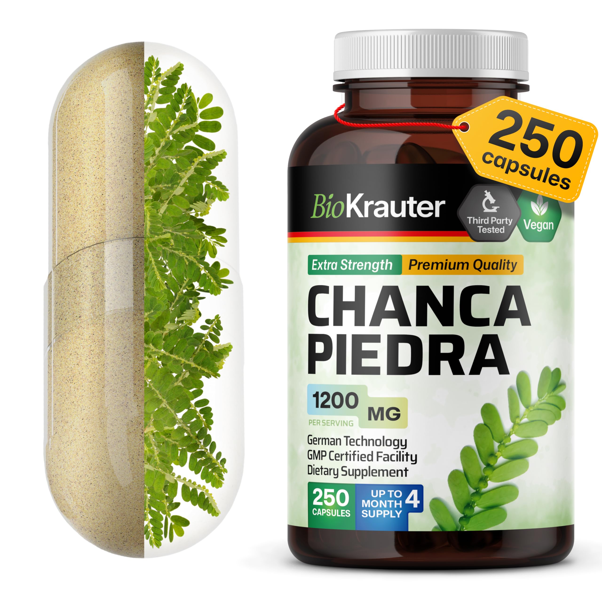 BIO KRAUTER Chanca Piedra Stone Breaker Capsules - 1200 mg Stonebreaker for Kidney Cleanse - 250 Chanca Piedra para Los Riñones Caps - Vegan Gallbladder Supplements
