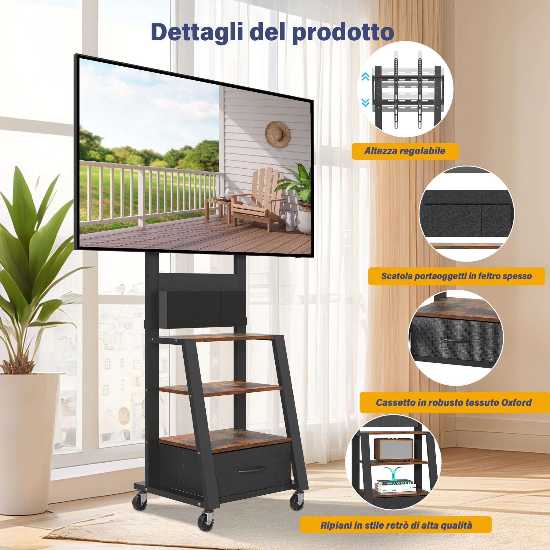 Mobile porta TV con ruote, cassetto e 3 ripiani per TV piatti/curvi da 23"-60", mas 72 kg, per LCD/LED/OLED. Carrello mobile con altezza regolabile per casa, ufficio e esterni, VESA mas 400x400mm