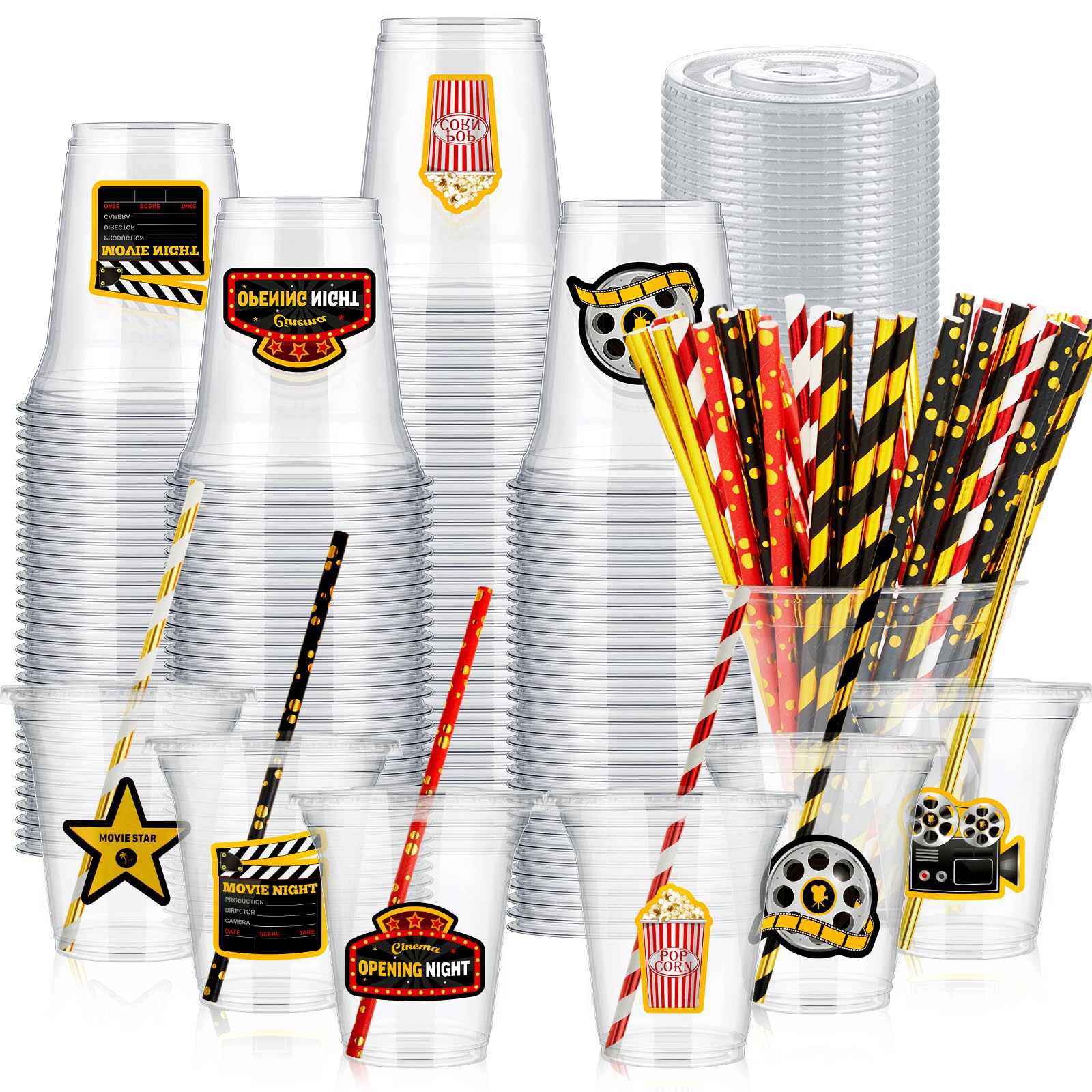 60 Set Movie Night Party Plastic Cups Bulk 14 oz Disposable Clear Cups with Lids and Paper Straws for Movie Night Party Birthday Supplies Favor Decorations