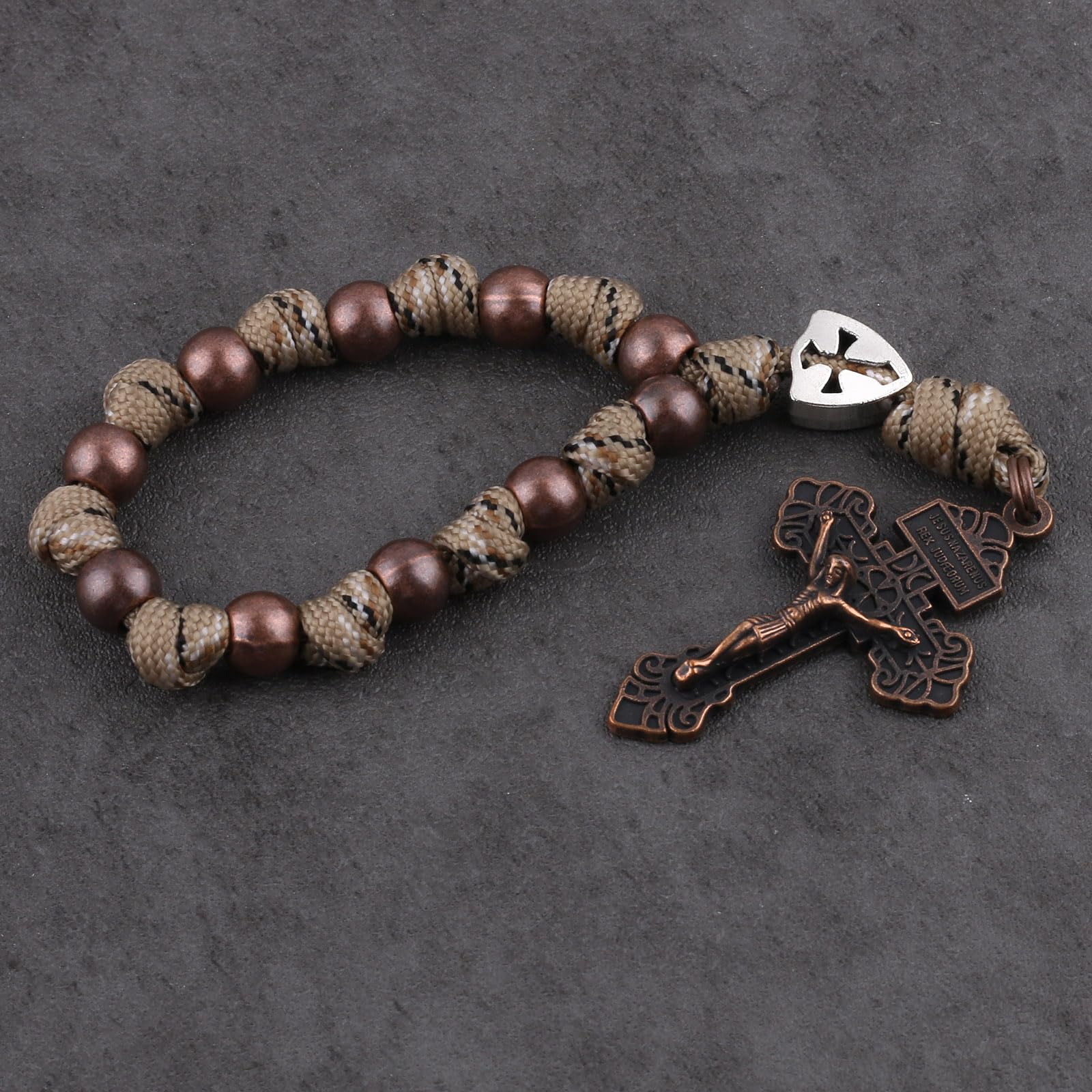 Luomu Pocket Rosary Paracord One Decade Catholic Rosary Beads with Crucifix Medal (Brown)