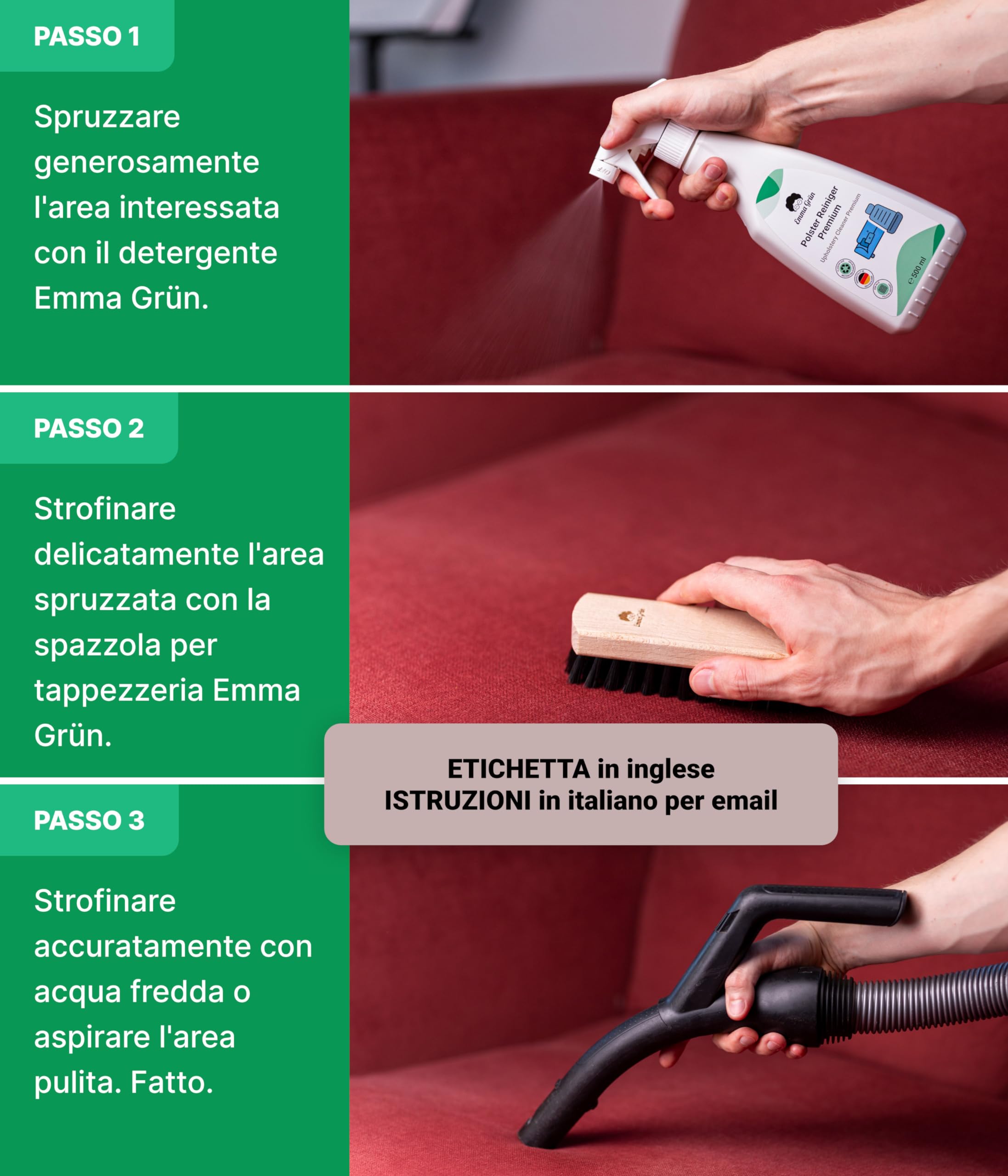 Emma Grün® Pulisci Divano e Sedili Auto Tessuto 500ml [+Spazzola] - Smacchiatore a Secco per Tessuti