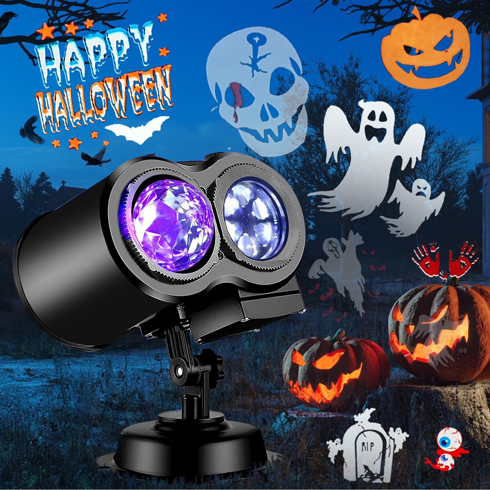 Projecteur Halloween Rotatif 360° - Effets Lumineux Fantômes & Crânes Pour Déco Extérieur & Intérieur