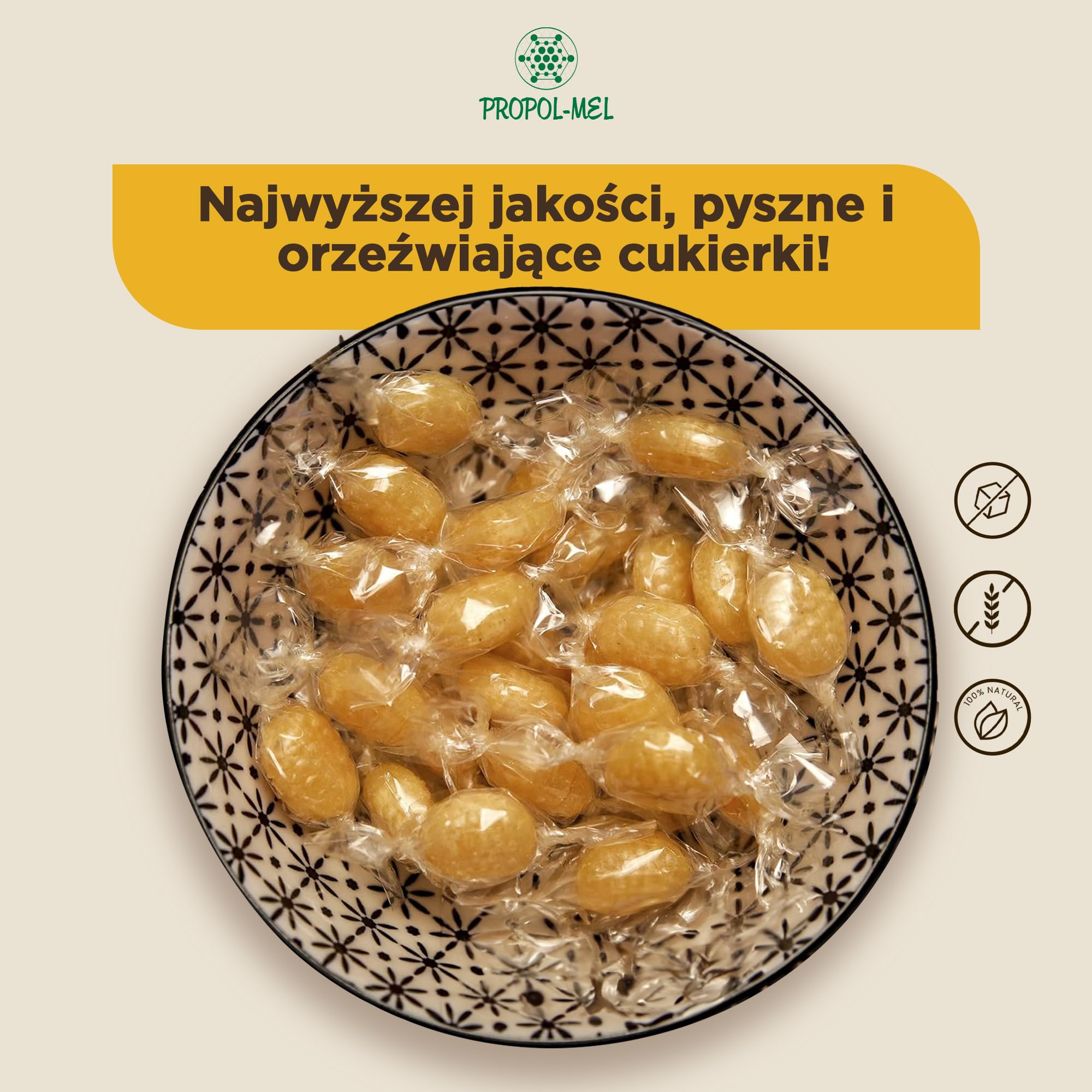 Cukierki Miodowo-Imbirowe x 500g - Bezglutenowe i Bezcukrowe. Hiszpańskie i ręcznej produkcji cukierki na gardło. Zalecany dla osób z nieświeżym oddechem lub nieprzyjemnym zapachem z ust i gardła.