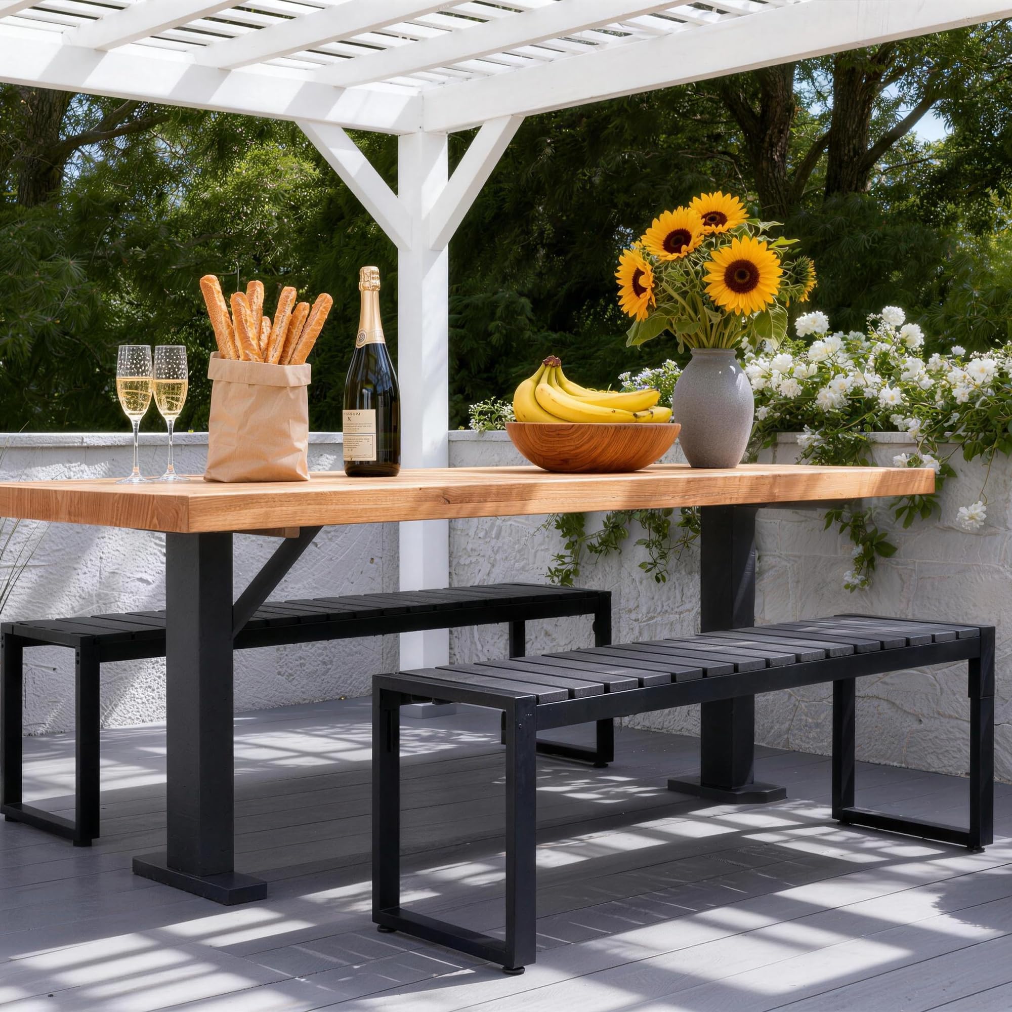 Mingone 2 Sitzer Gartenbank Wetterfest, Schwarz 120 x 40 x 45 cm | Bank Outdoor , Holz & Metall,Für Garten Balkon & Flur, Sitzbank 200 kg Belastbarkeit