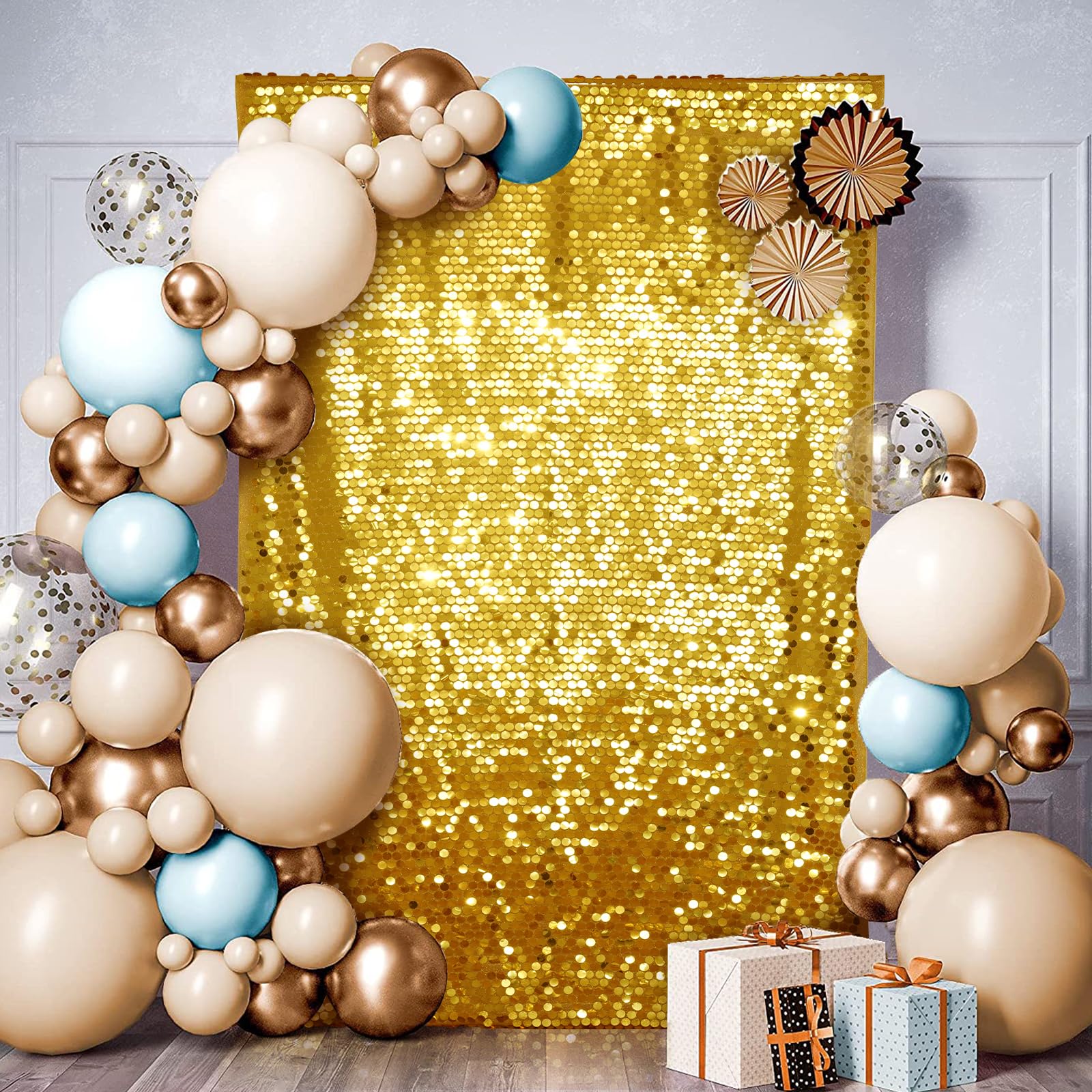 PartyDelight Telón de fondo de pared con lentejuelas doradas, paneles brillantes para fotografía, accesorios de fotografía de 4 x 7 pies, para decoración de cumpleaños, boda, fiesta