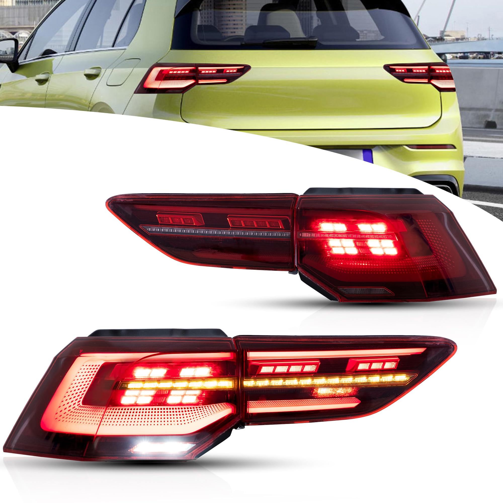VLAND tylne światła LED do Golf MK8 Golf 8 2020-2023, z sekwencyjnym kierunkowskazem, strona kierowcy i pasażera (czerwona dioda LED)