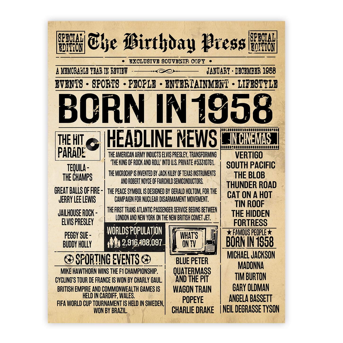 Stuff4 68th Birthday Poster Unframed - Born In 1958 Vintage Newspaper - Happy 68th Birthday Gifts for Women Men Retro Back In 1958, 8x10 Inch Decor Decoration Bday Party