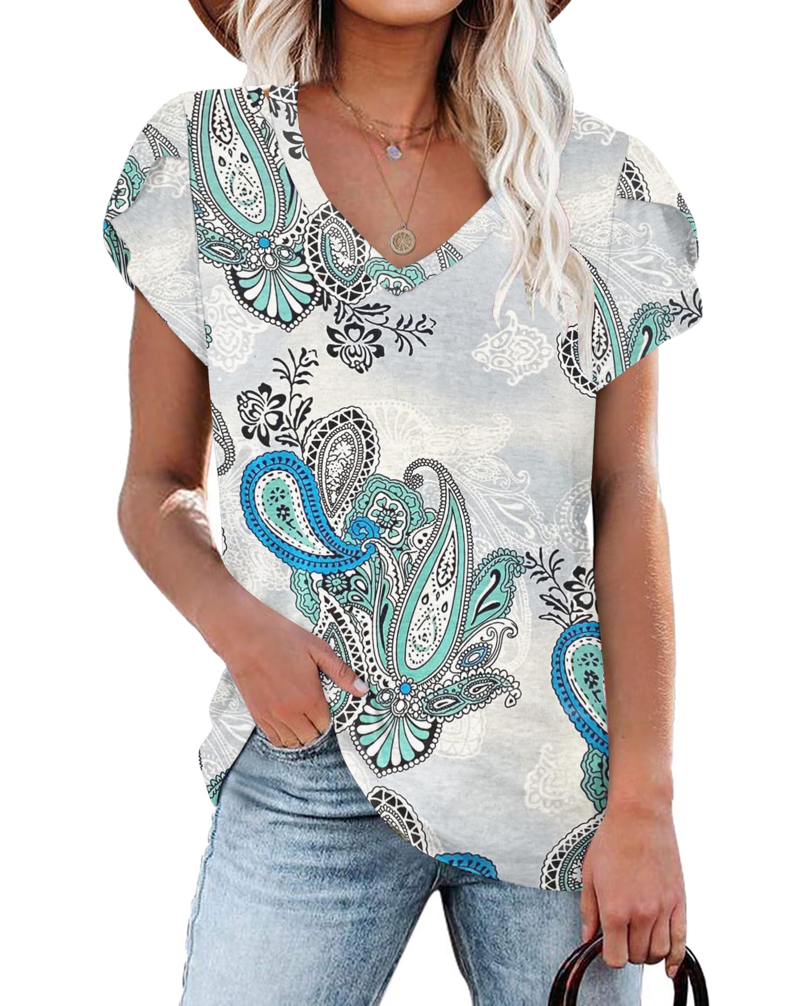NARRAME Camiseta de Mujer con Cuello en V y Mangas de pétalos Tops de Verano Ocio Manga Corta Tops de Playa