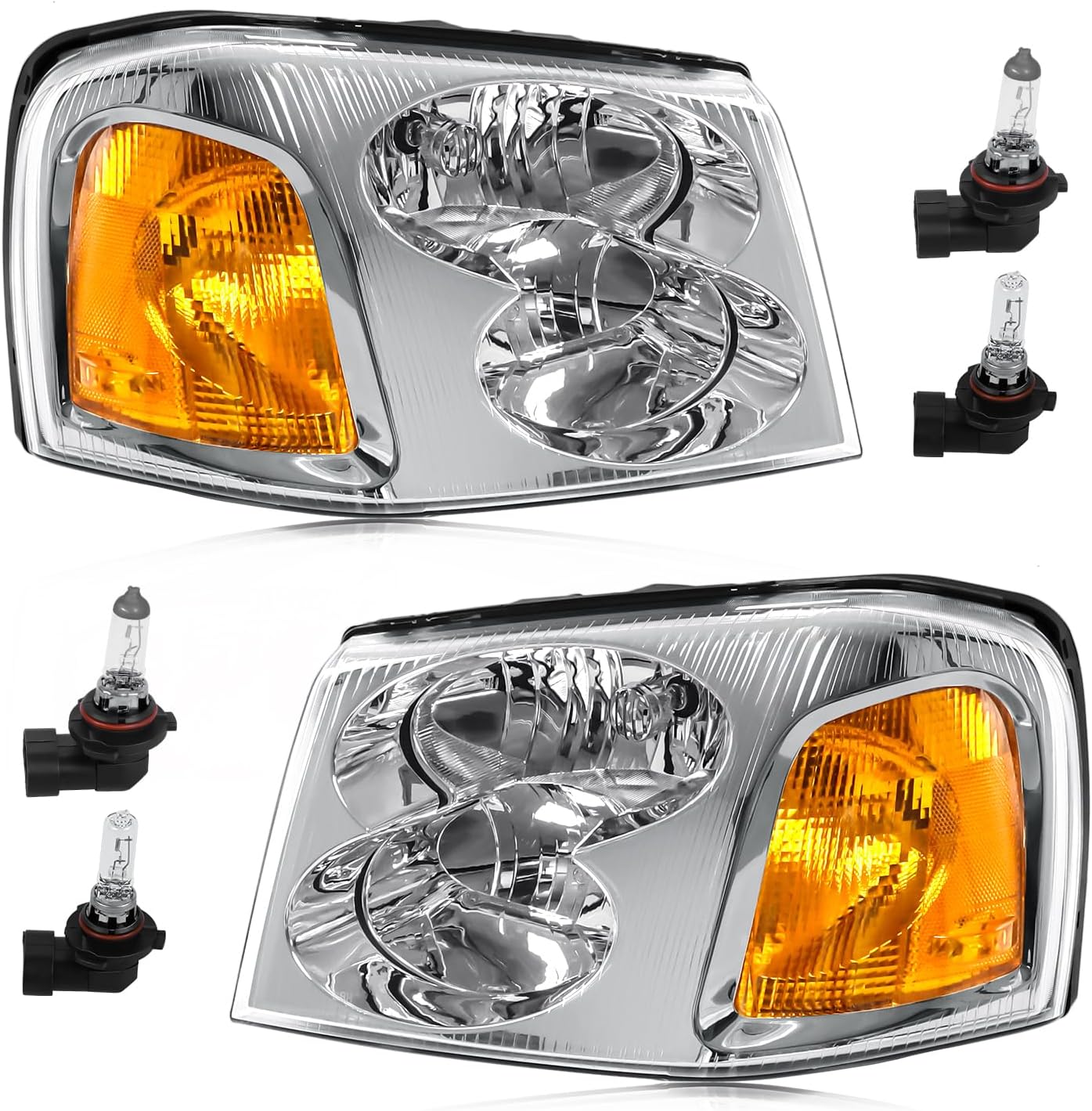 Headlight Assembly Compatible with GMC Envoy 2002-2009 Halogen Type Head Lamp, OE-Style Headlight Replacement for 15866070 15866071 GM2502220 GM2503220, Chrome Housing+Amber Reflector Chrome Housing Amber Reflector