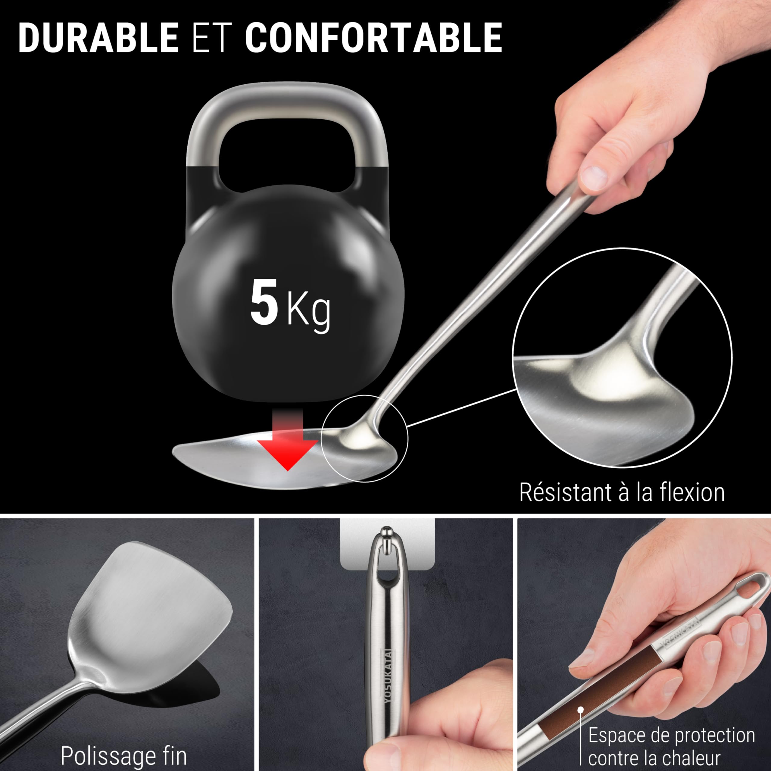 YOSUKATA Spatule, Louche Et Écumoire De Cuisine En Inox Pour Wok 43 cm | Spatule Plancha - Louche Professionnel - Écumoire Ustensiles de Cuisine Inox - Spatule Wok en acier inoxydable 304 -