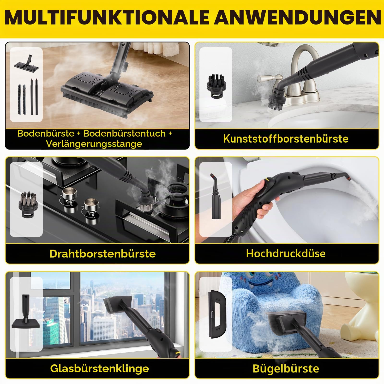 Dampfreiniger Nexalite 2000W, 4 bar, 1600 ml Tank, 16-teilig | 3–7 Min Aufheizen, 4 bar Tiefen-Dampf, 1600 ml Tank; 16 Aufsätze für Fliesen/Fugen, Fenster, Polster & Auto-Innenraum
