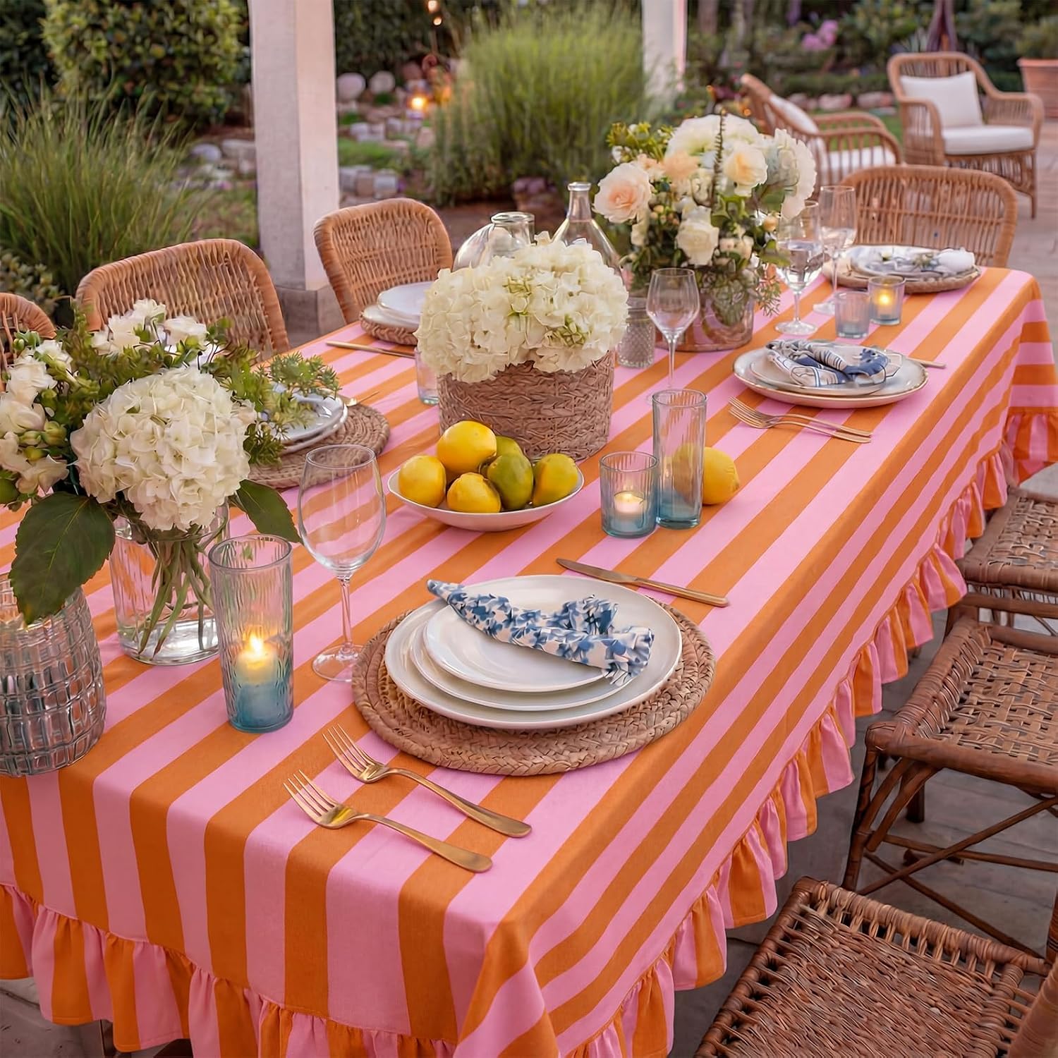 Tudomro 1 Pcs Ruffle Striped Tablecloth Rectangle Coral, Apricot | Vintage Scalloped Tablecloth 84'' X 60'', Farmhouse Linen for Dining Room, Wedding Bridal Shower Holiday Party Decoration