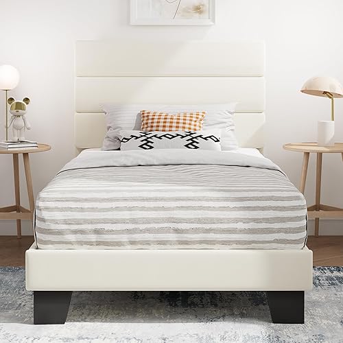 Miniatura 10 de SHA CERLIN Base de cama de plataforma completa con cabecera de tela tapizada, base de colchón con fuerte soporte de listones de madera, no necesita