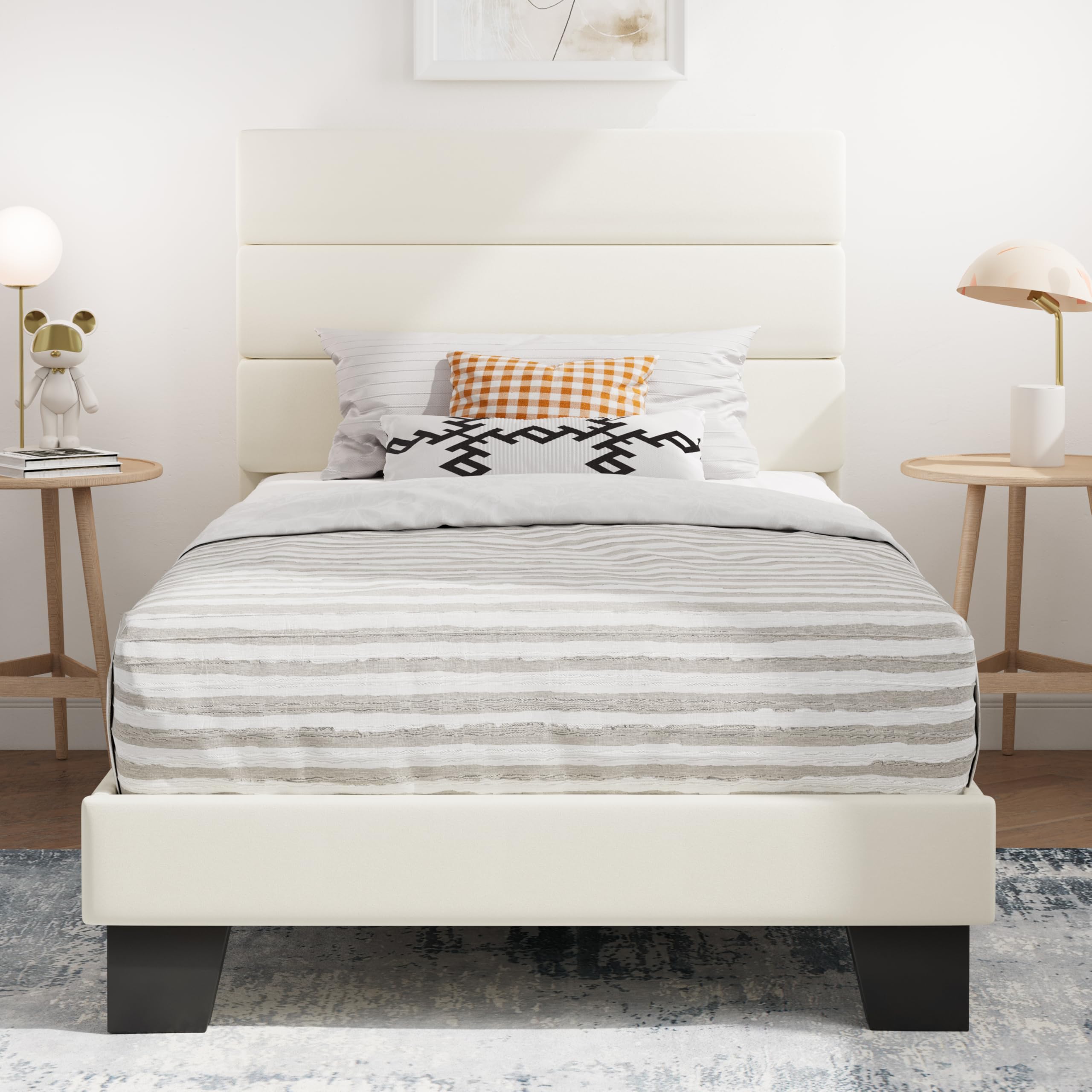 SHA CERLIN Twin Platform Bed Frame with Upholstered Velvet Headboard, Cream