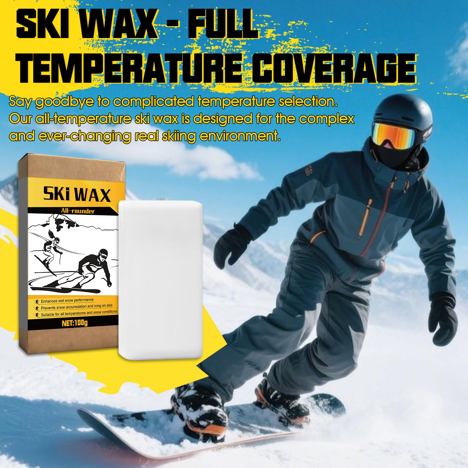 Allony Cera Esqui, Cera de Esquí, Cera para Esquís a Temperatura Completa, Mejorar el Rendimiento del Planeo, Cera para Esquís para Mantenimiento, Carreras, Deslizamiento, Nordico, Encerado, 100g