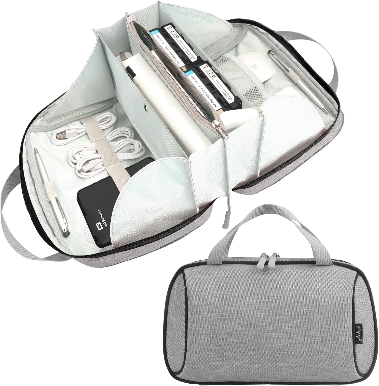 FYY Electronic Organizer Travel Case, Portable Tech Bag Cable Organizer Travel Accessories Carry Pouch Storage Bag for Cable, Cord, Charger, Phone, Earbuds, Hard Drive, Travel Essentials Grey