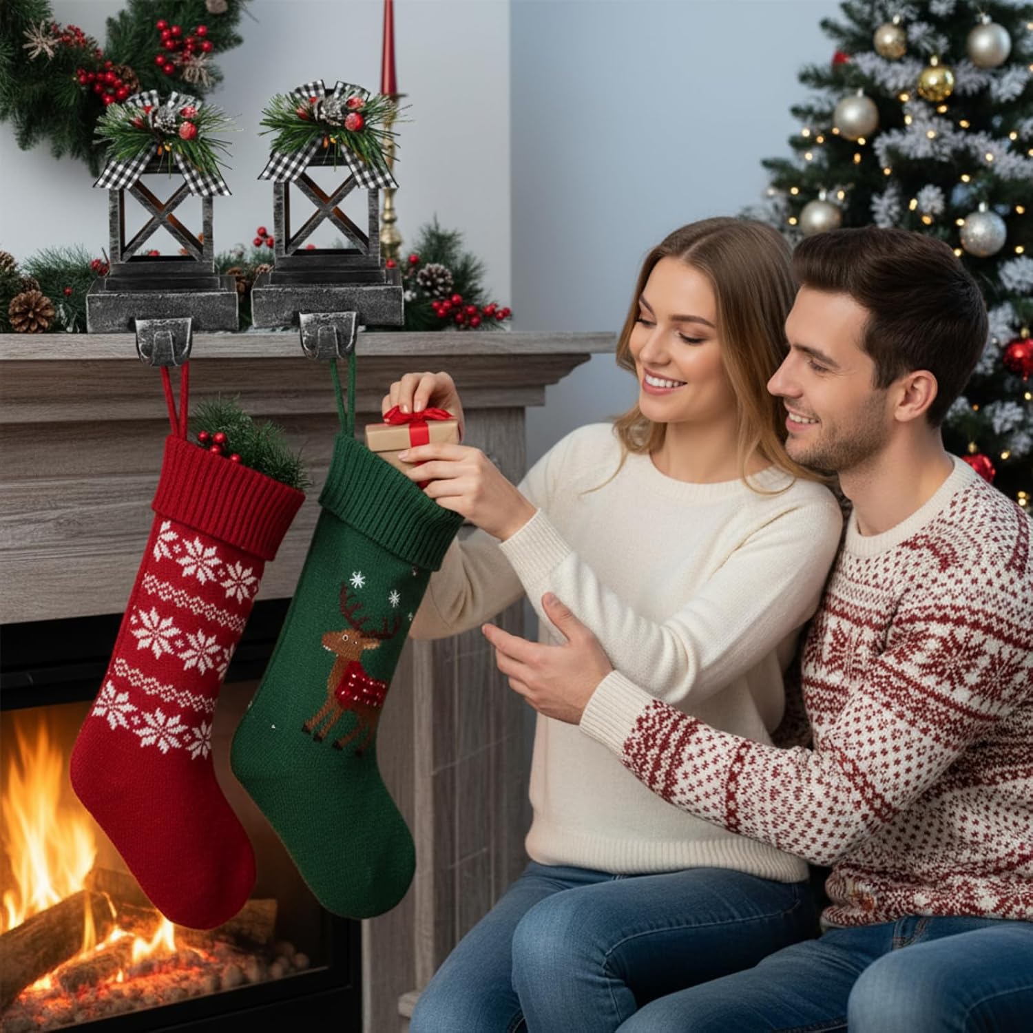 Yaomiao 2 Pcs Christmas Stocking Holders for Mantel Christmas Stocking Hangers Xmas Black Hooks Decorative Retro Holiday Holders for Winter Party Decor Home