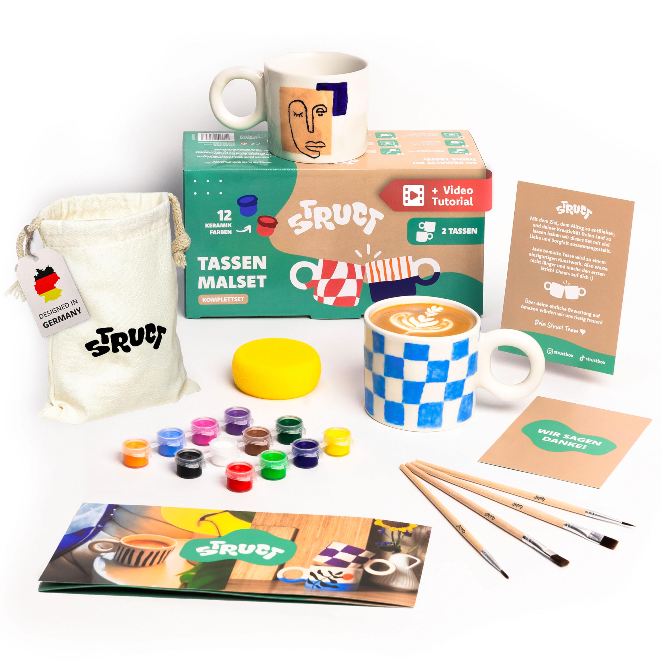 STRUCT® Keramik Bemalen Set - mit 2x Tassen zum Bemalen für Erwachsene - (inkl. Tassen, Farben, Pinsel, Gratis-Videokurs mit Malinspiration) - Tassenmalset - Kreativ Set für Erwachsene (Extra Groß)