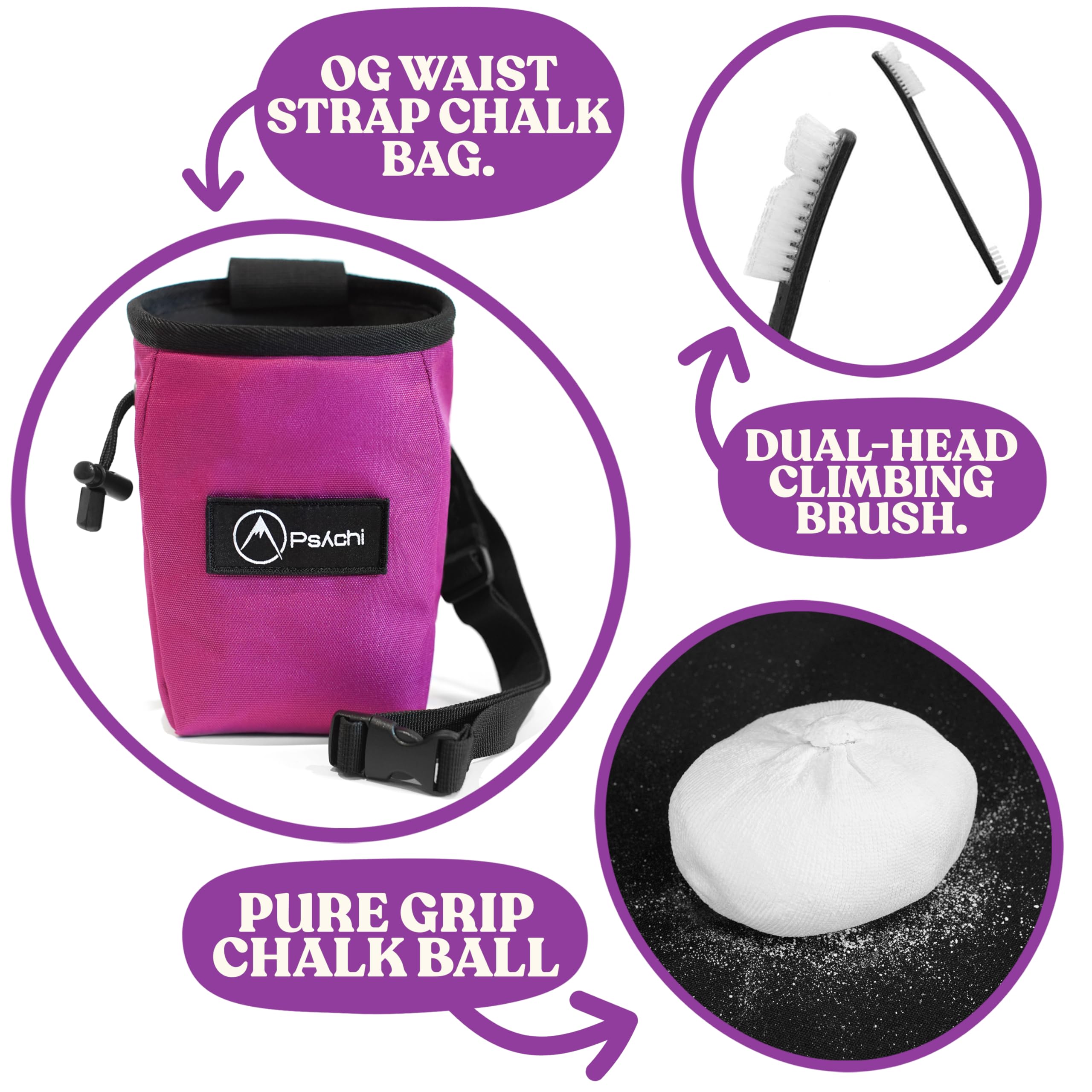 Psychi OG Waist Chalk Bag Starter Pack Bundle for Rock Climbing Bouldering Gym (Magenta) - Image 2