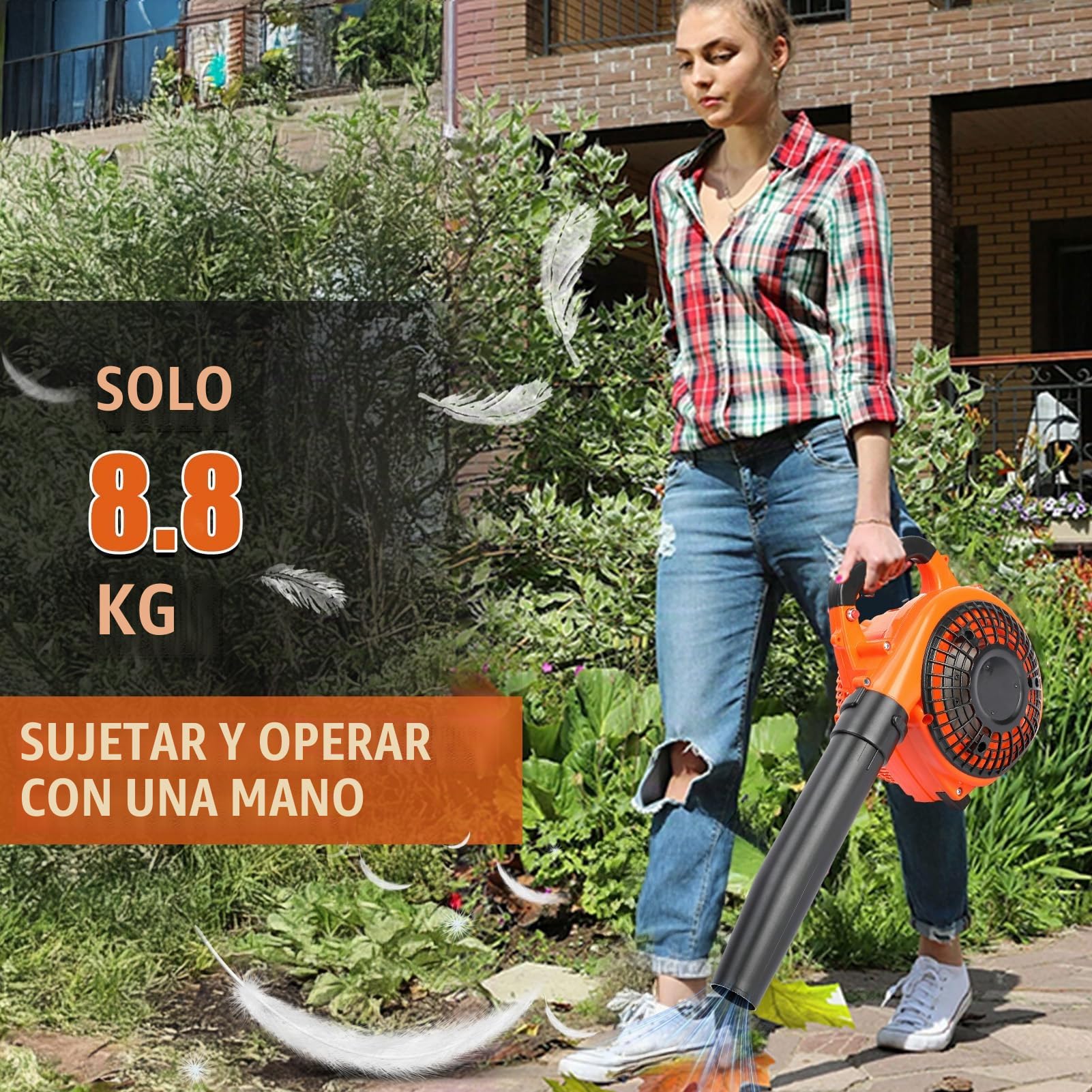 Soplador de Hojas de Gasolina, hasta 270 km/h, portátil, Ligero, soplador de Mano de 25.4cc, sin Cables, secador de jardín con Motor, Ideal para Caminos y Jardines (Naranja)