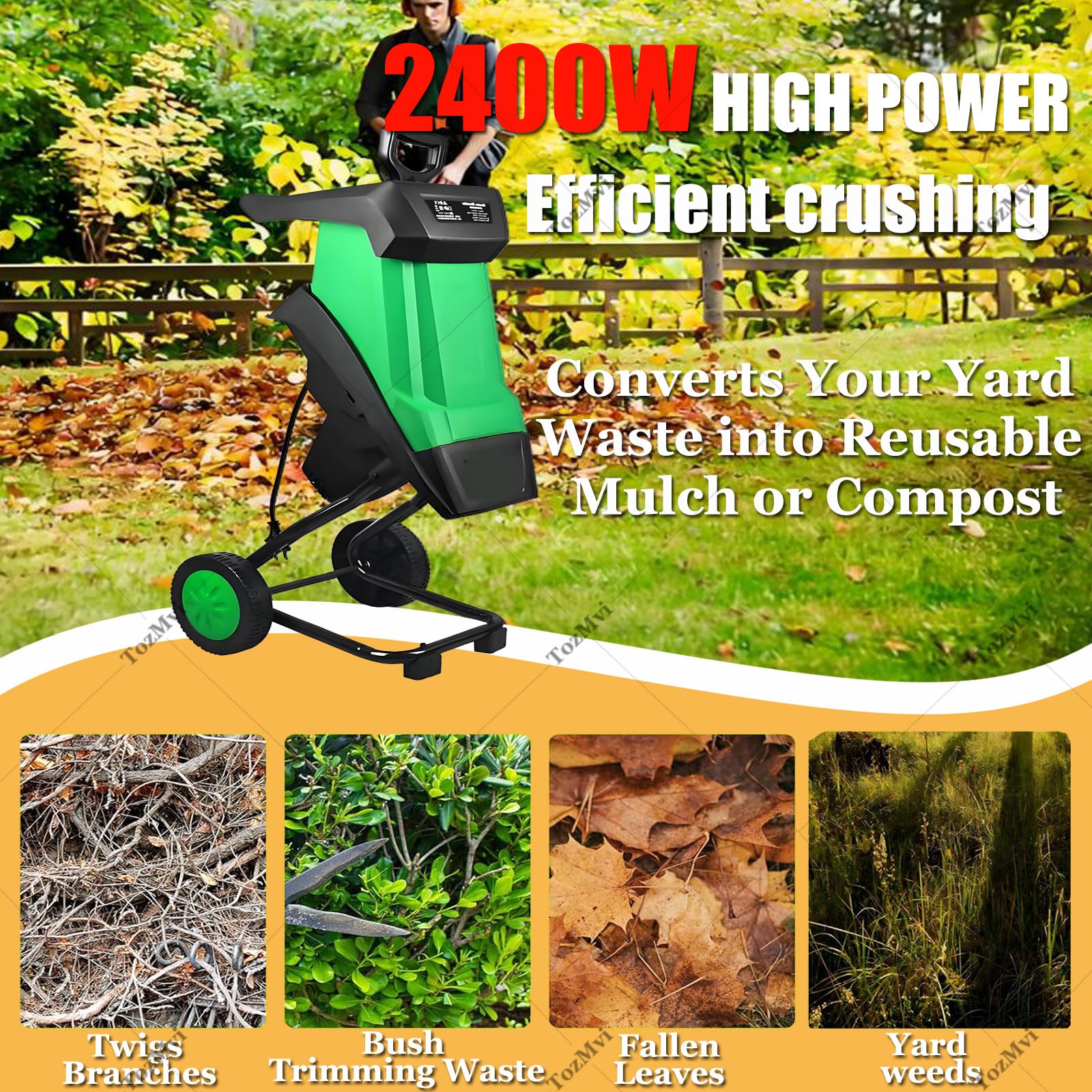 Trituradora De Ramas De árboles para Jardín, Trituradora De Ramas De Jardín, Trituradora De Madera Eléctrica De 2400 W con Bolsa Recolectora De 50 L, Trituradora De Hojas