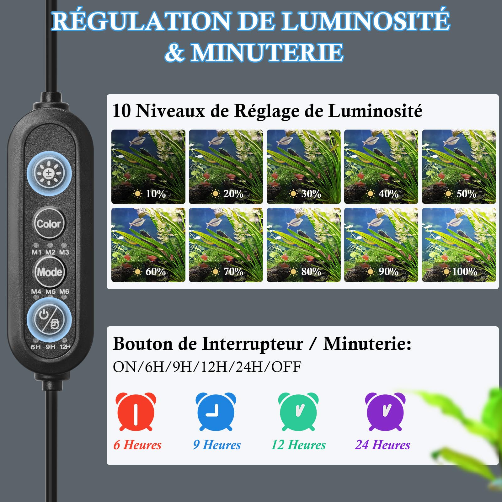 Rampe LED Aquarium 58cm, Éclairage RGBW Spectre Complet IP68 Étanche, Minuterie & Régulation de Luminosité, Ajustement de Couleur 24/7