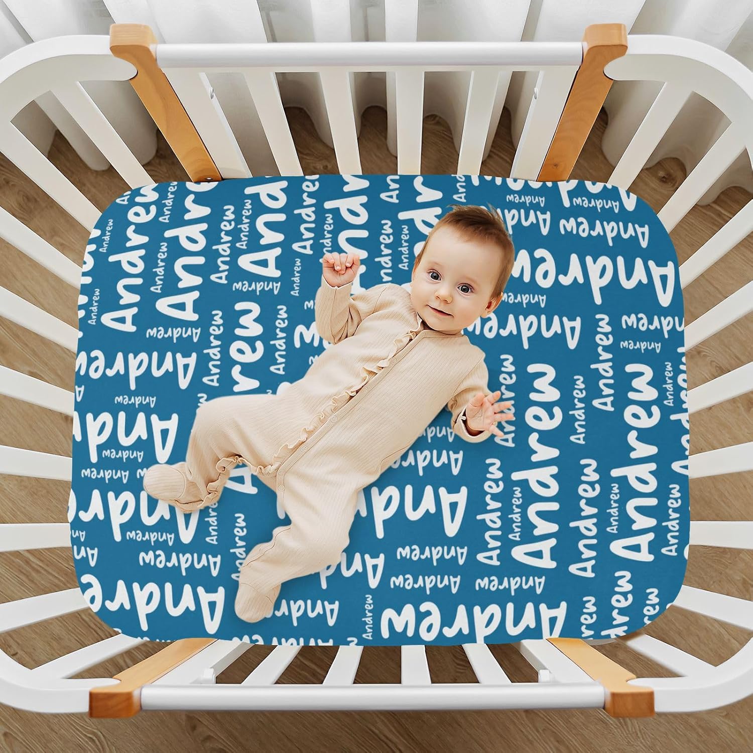 Ice Blue Custom Name Crib Sheets for Boys Girls Personalized Pack and Play Sheets Fitted Toddler Sheets for Baby Infants