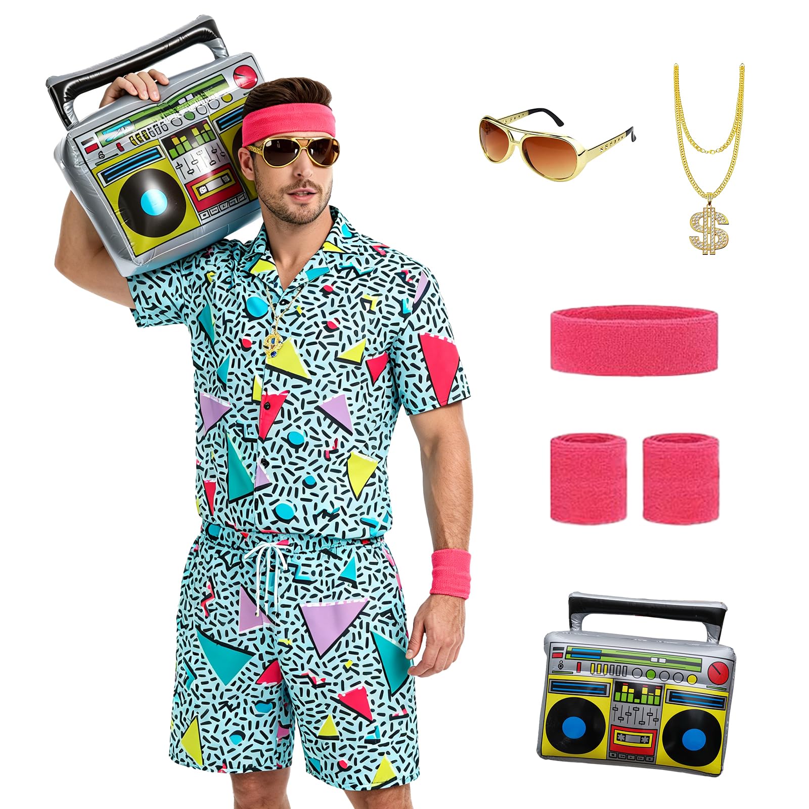 LYBOHO 80s 90s Fancy Dress Men,1980s Outfits-Short Sleeve Jacket & Shorts Set - Costume for Halloween,Carnival & Retro Parties (Green-Button, L)