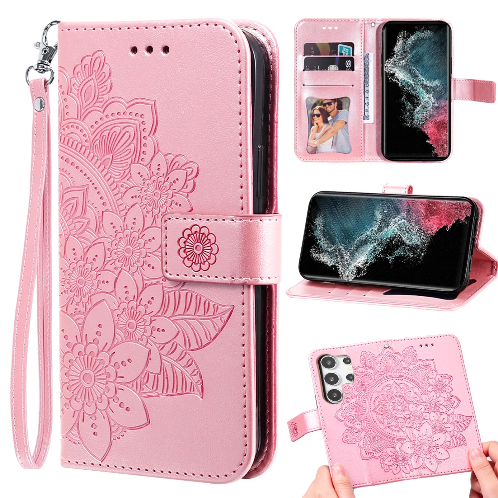 Furill Compatible with Samsung Galaxy S24 Ultra 5G Wallet Case and Wrist Strap Protector Flower Leather Flip Credit Card H...