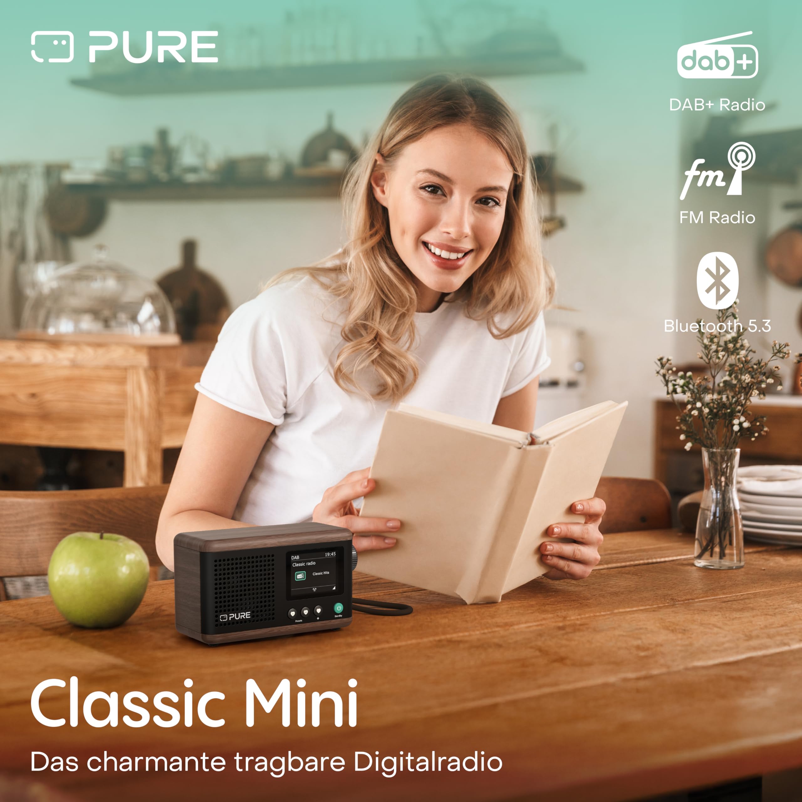 Pure Classic Mini tragbares Digitalradio mit DAB+ & UKW, Bluetooth 5.3, 15h Akku, 5W Lautsprecher, 2.4'' Farbdisplay und USB‑C – kompakter Lautsprecher für Zuhause & unterwegs Baumwoll Weiß/Eiche