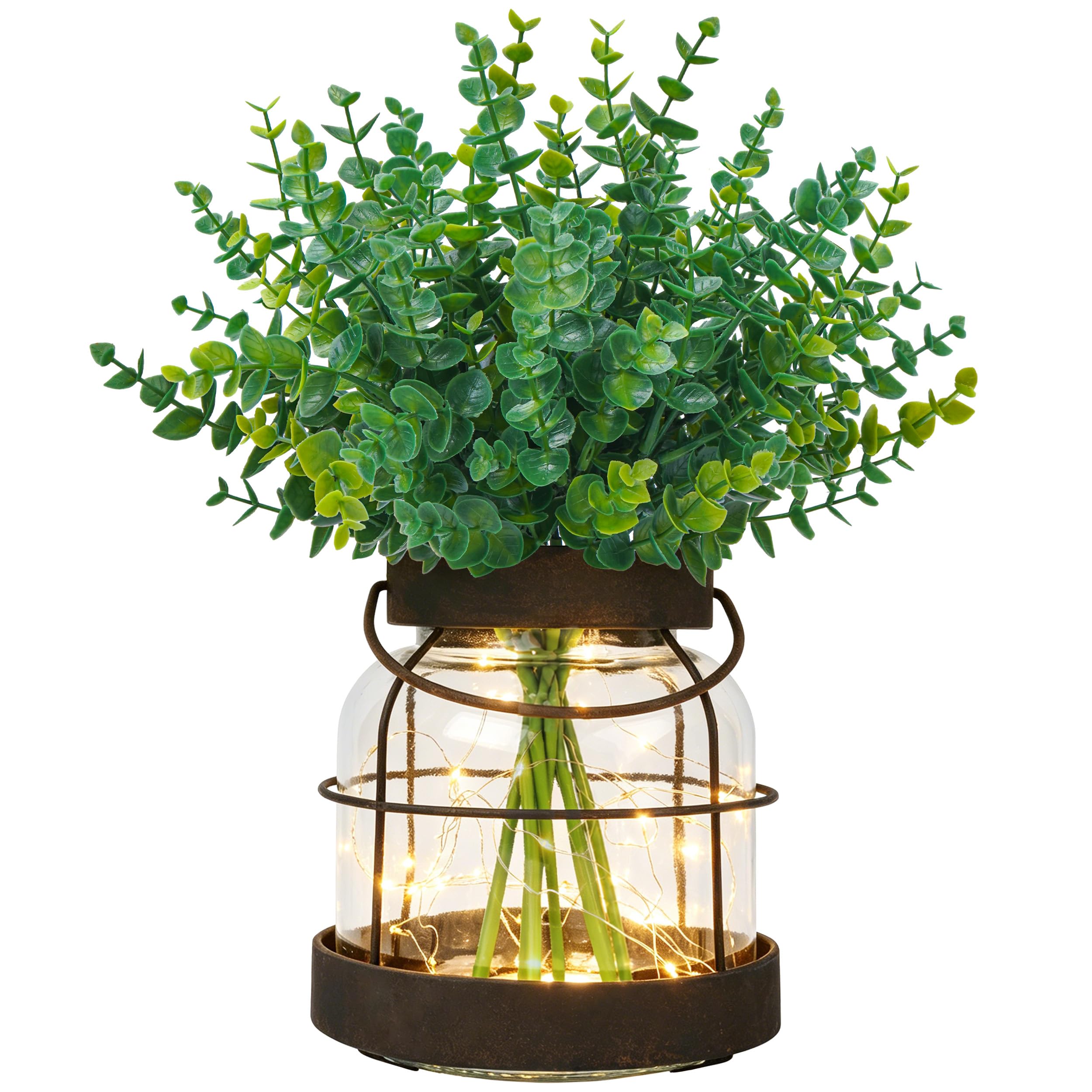 Der Rose Vintage Vase with Fake Plants & LED Lights for Farmhouse Decor