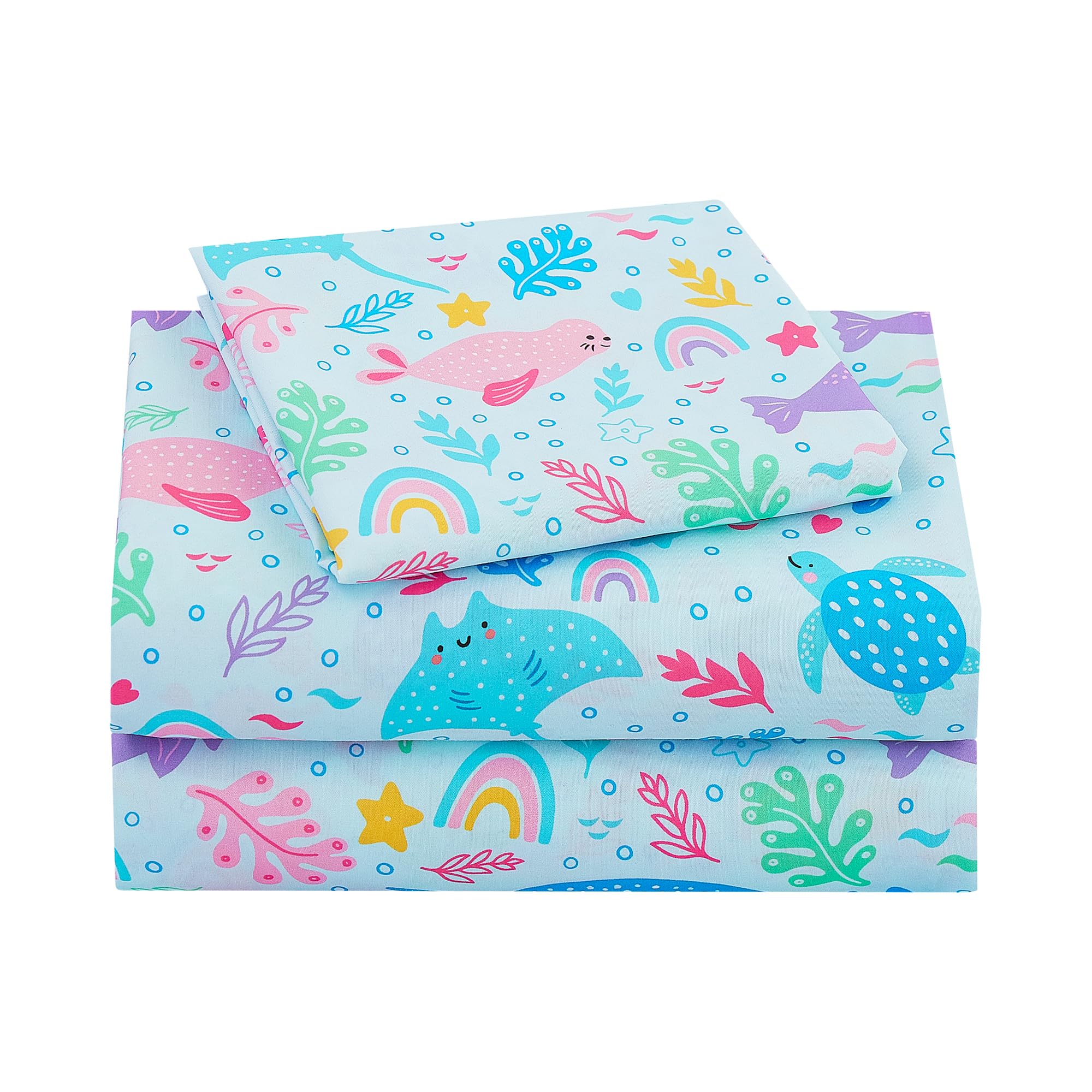 Viviland 3 Pieces Girls Blue Marine Twin Sheet Set - Soft Microfiber Fitted Flat Sheets &amp; Pillowcase Bed Sheet Set - Colorful Marine Animals Print Bedding Sets for Kids