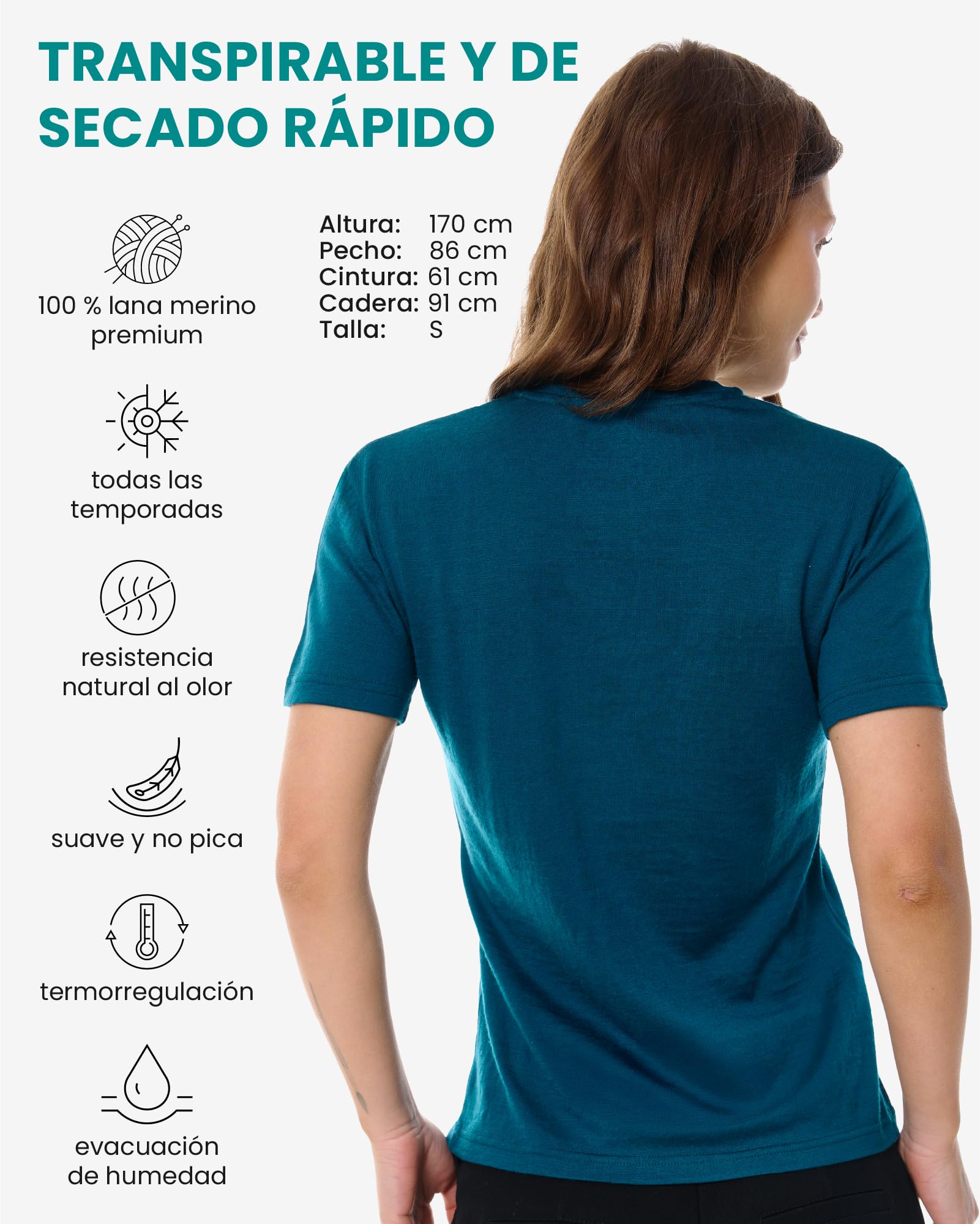 Merino.tech Camiseta Termica Lana Merino Mujer - Ropa Interior Base Layer 100% Lana Merino para Mujer (Large, Dark Teal Crewneck)